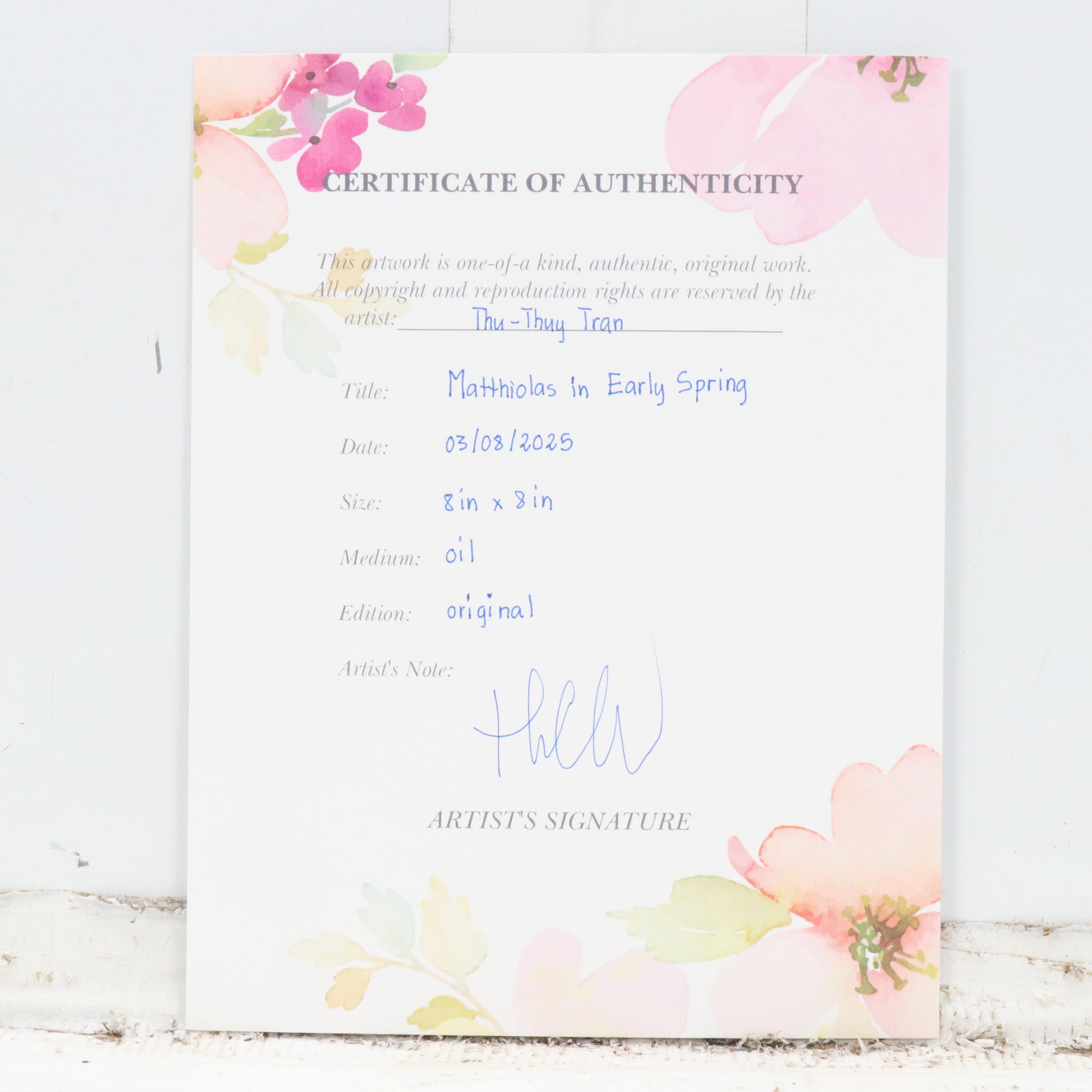 Thu-Thuy Tran Floral Still Life Oil Painting "Matthiolas in Early Spring," 2025