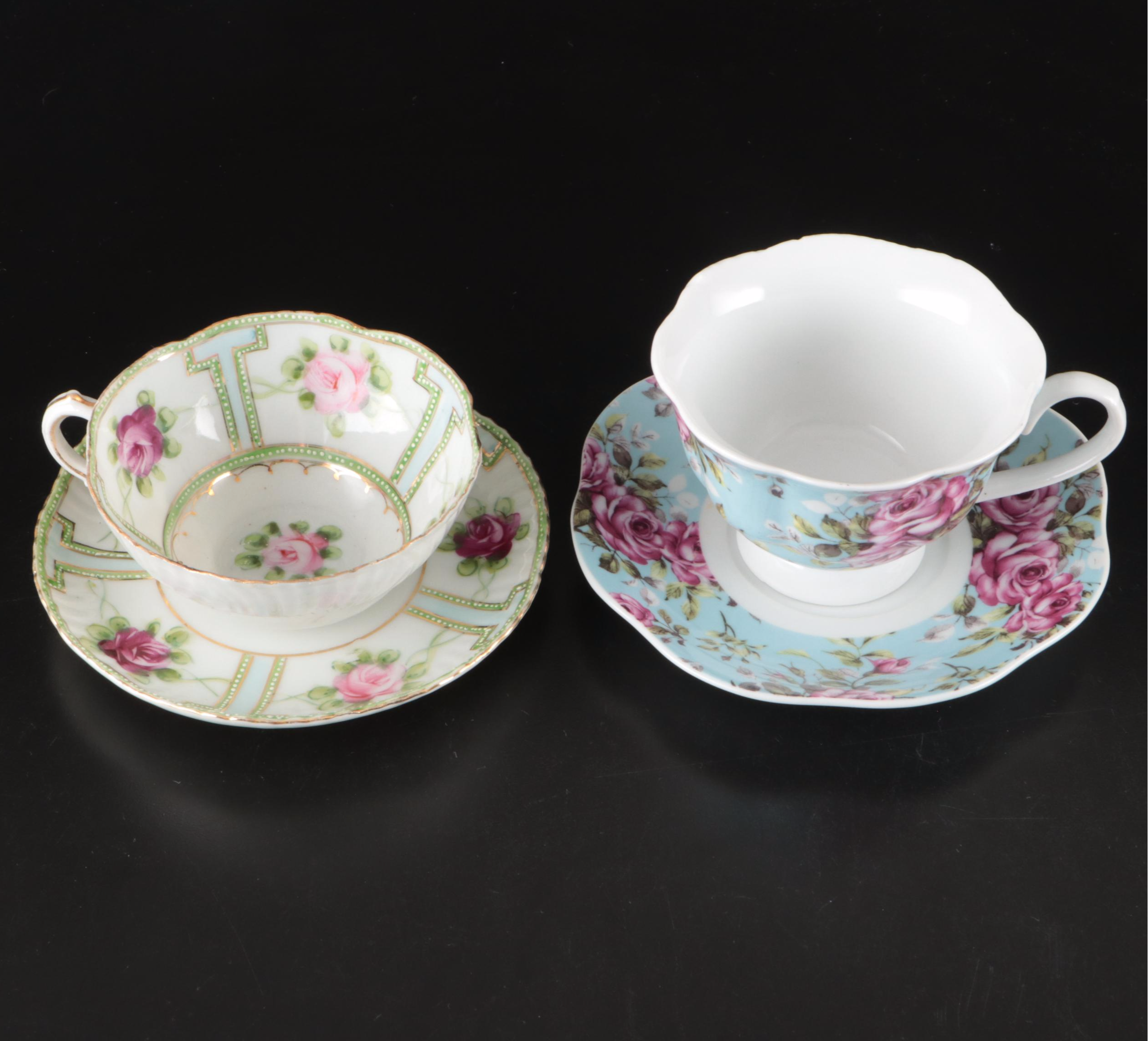 Vintage English and Japanese Porcelain Teacups and Saucers with Other Tableware