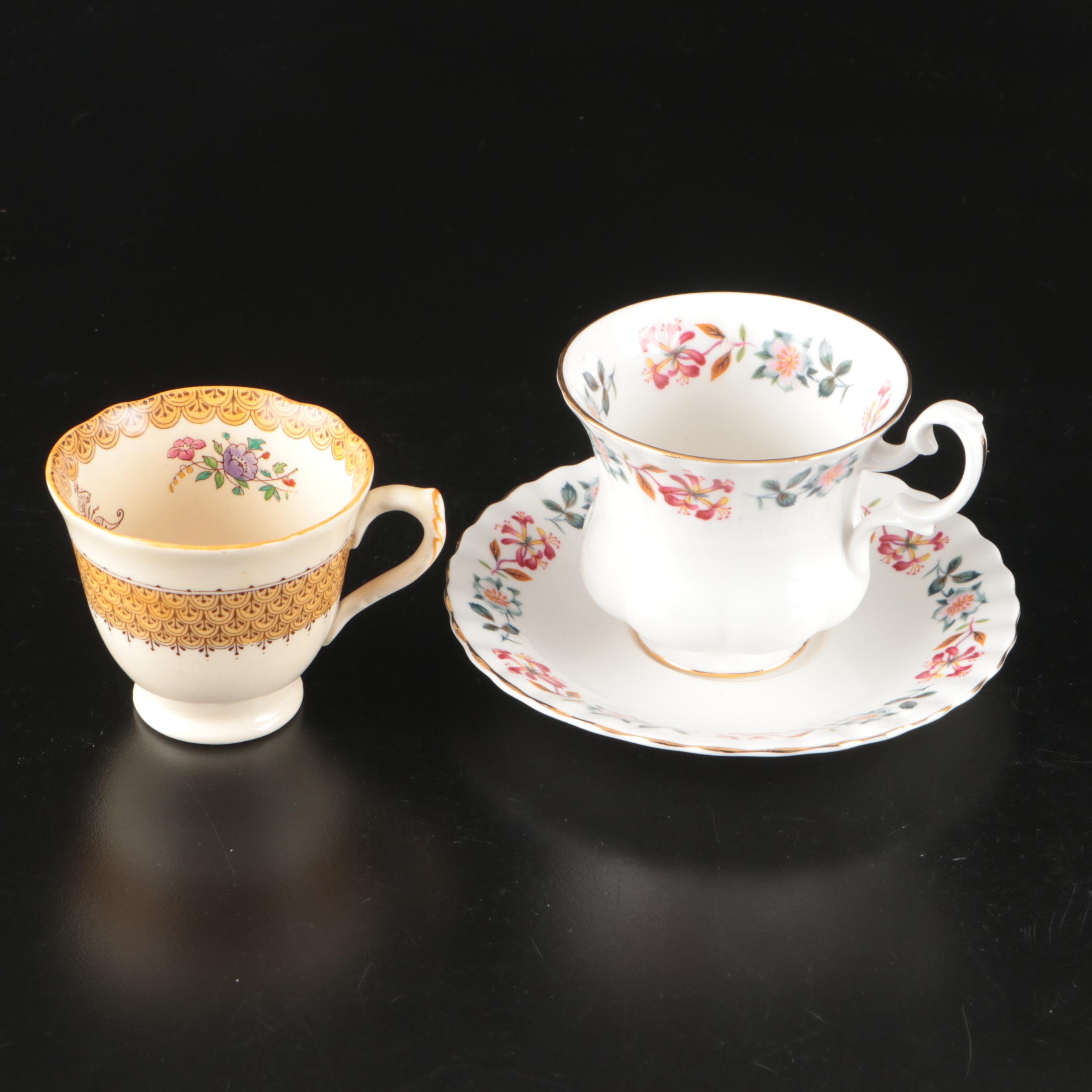 Vintage English and Japanese Porcelain Teacups and Saucers with Other Tableware
