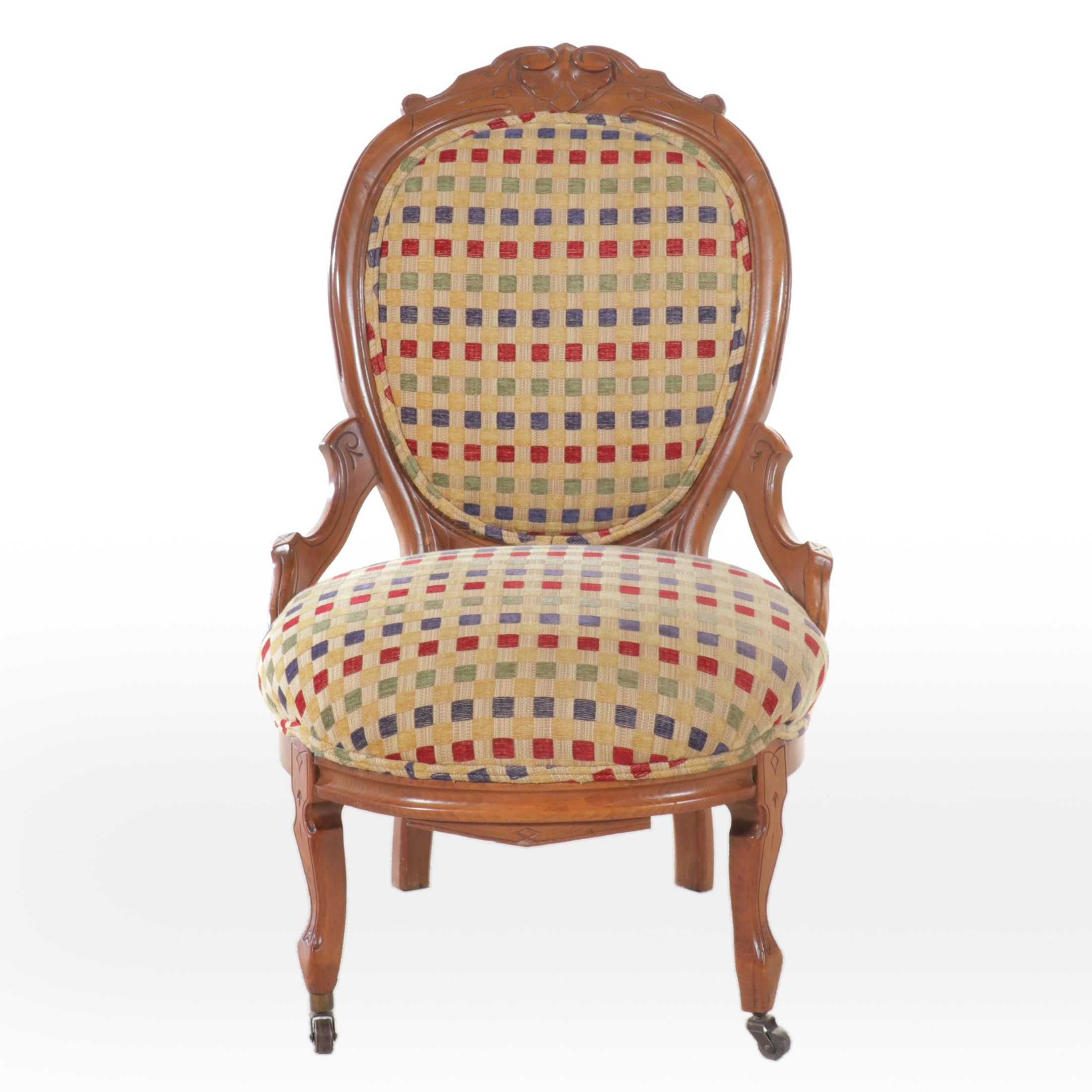 Victorian Style Walnut & Checkered Upholstery Elbow Chair