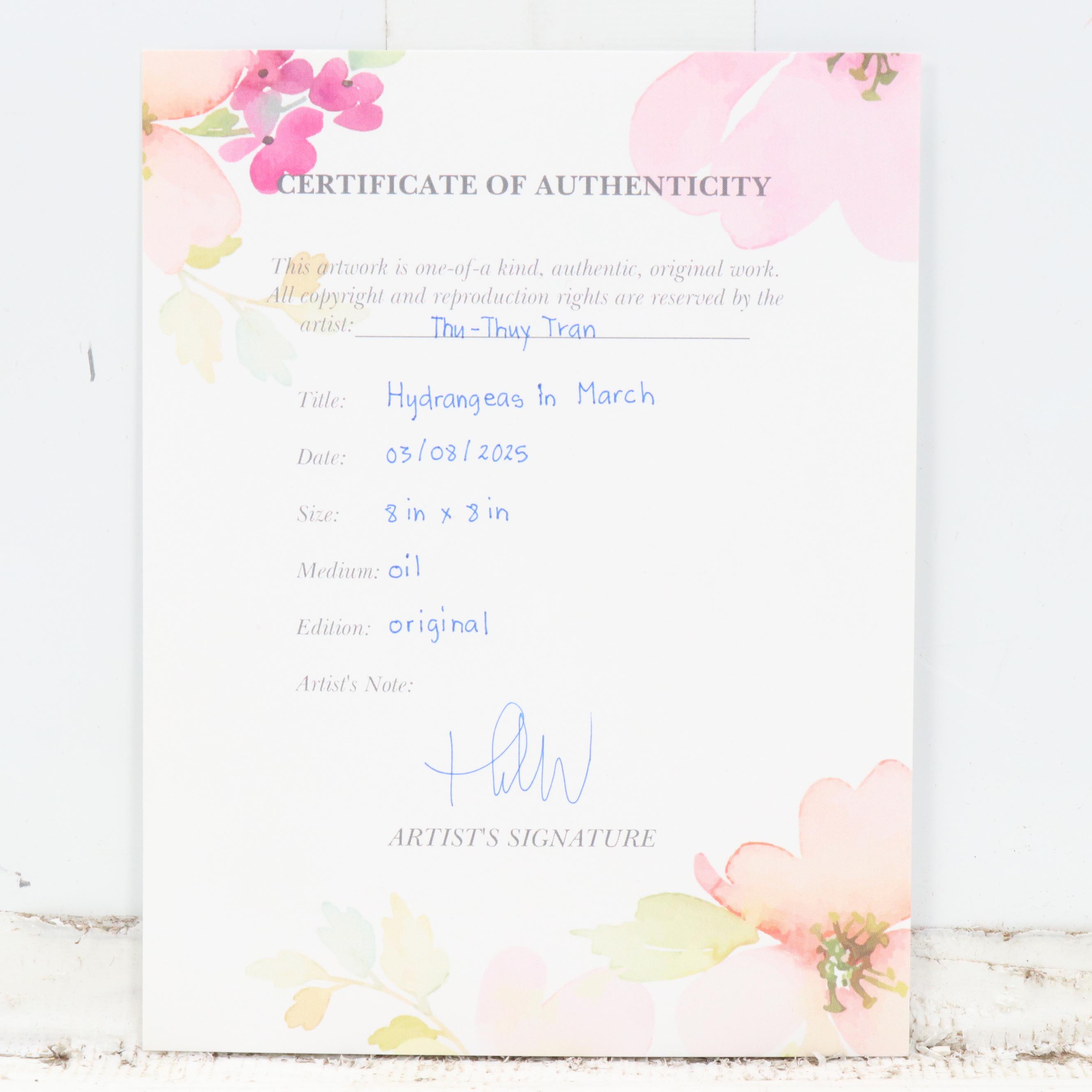 Thu-Thuy Tran Floral Still Life Oil Painting "Hydrangeas in March," 2025