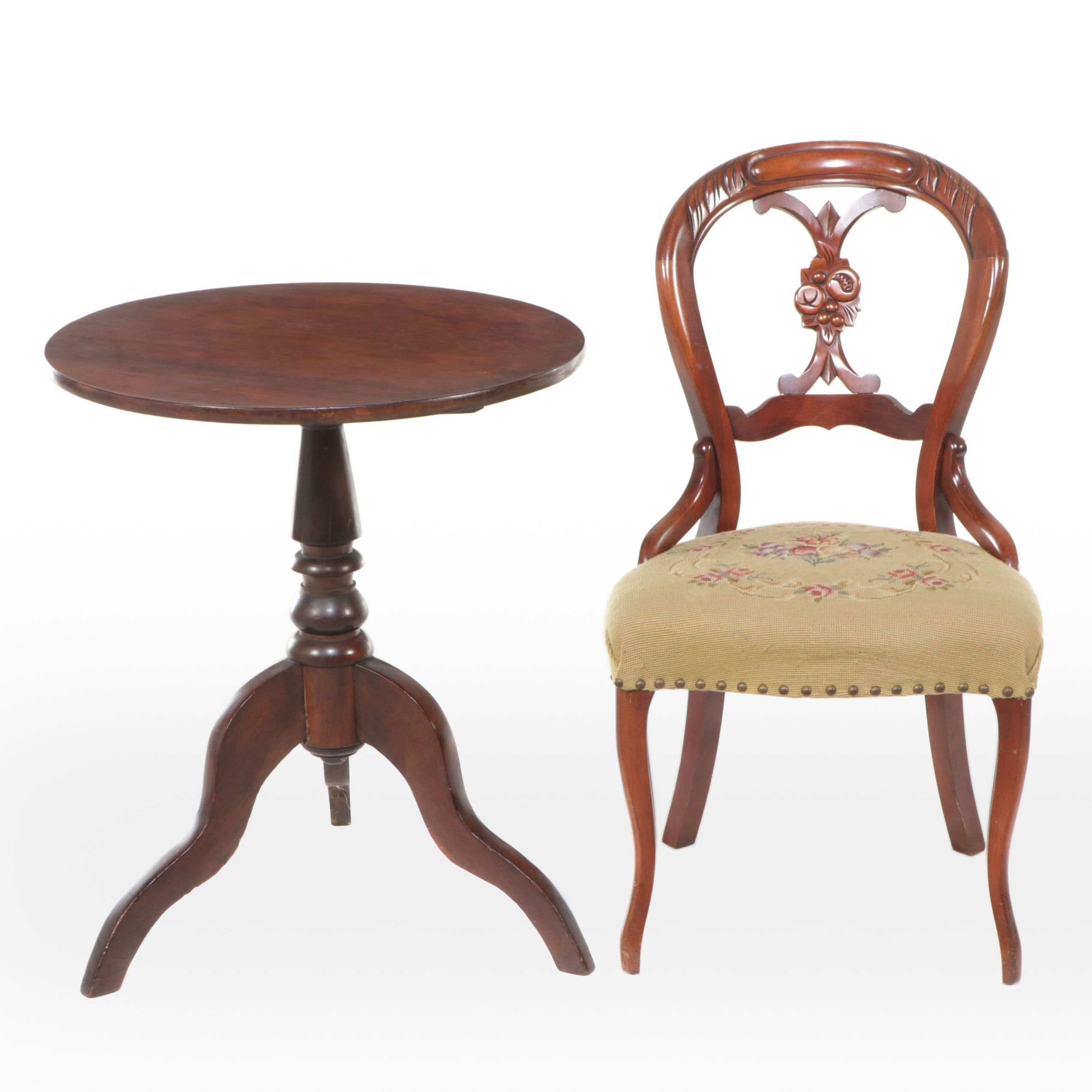 Mahogany Tilt-Top Table with Victorian Needlepoint Upholstered Side Chair
