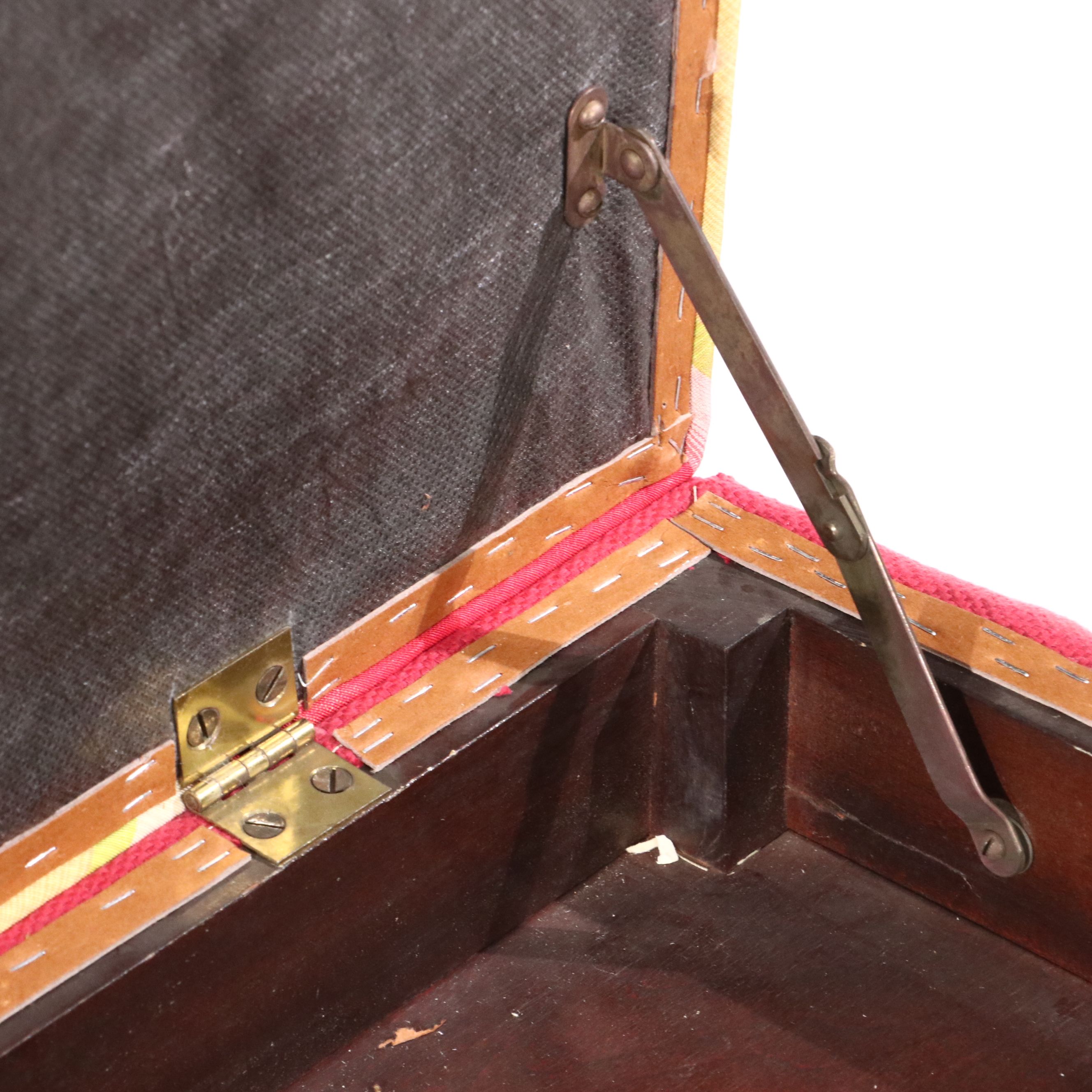 Sheraton Style Upholstered Mahogany Piano Bench with Throw Pillows, Sheet Music