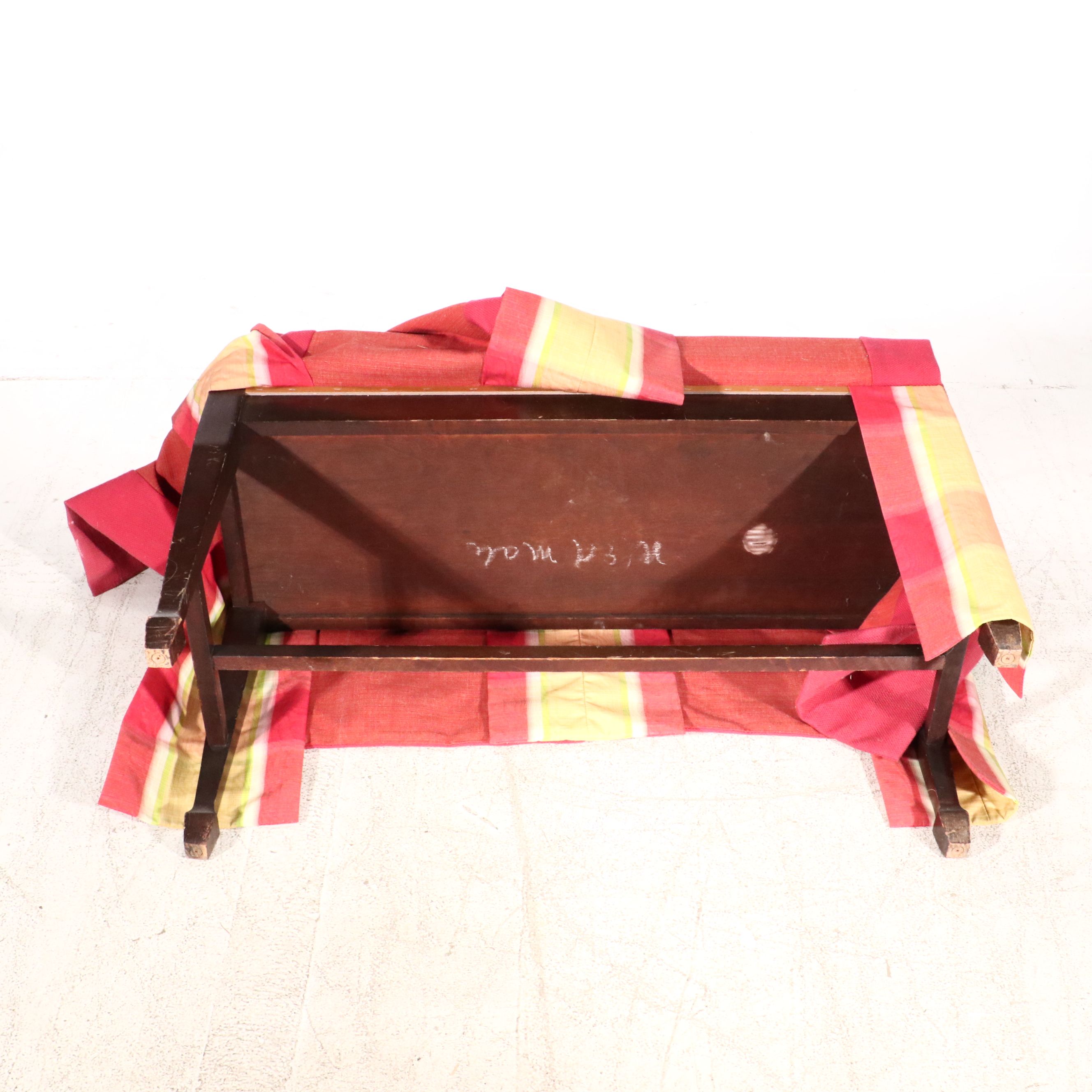 Sheraton Style Upholstered Mahogany Piano Bench with Throw Pillows, Sheet Music