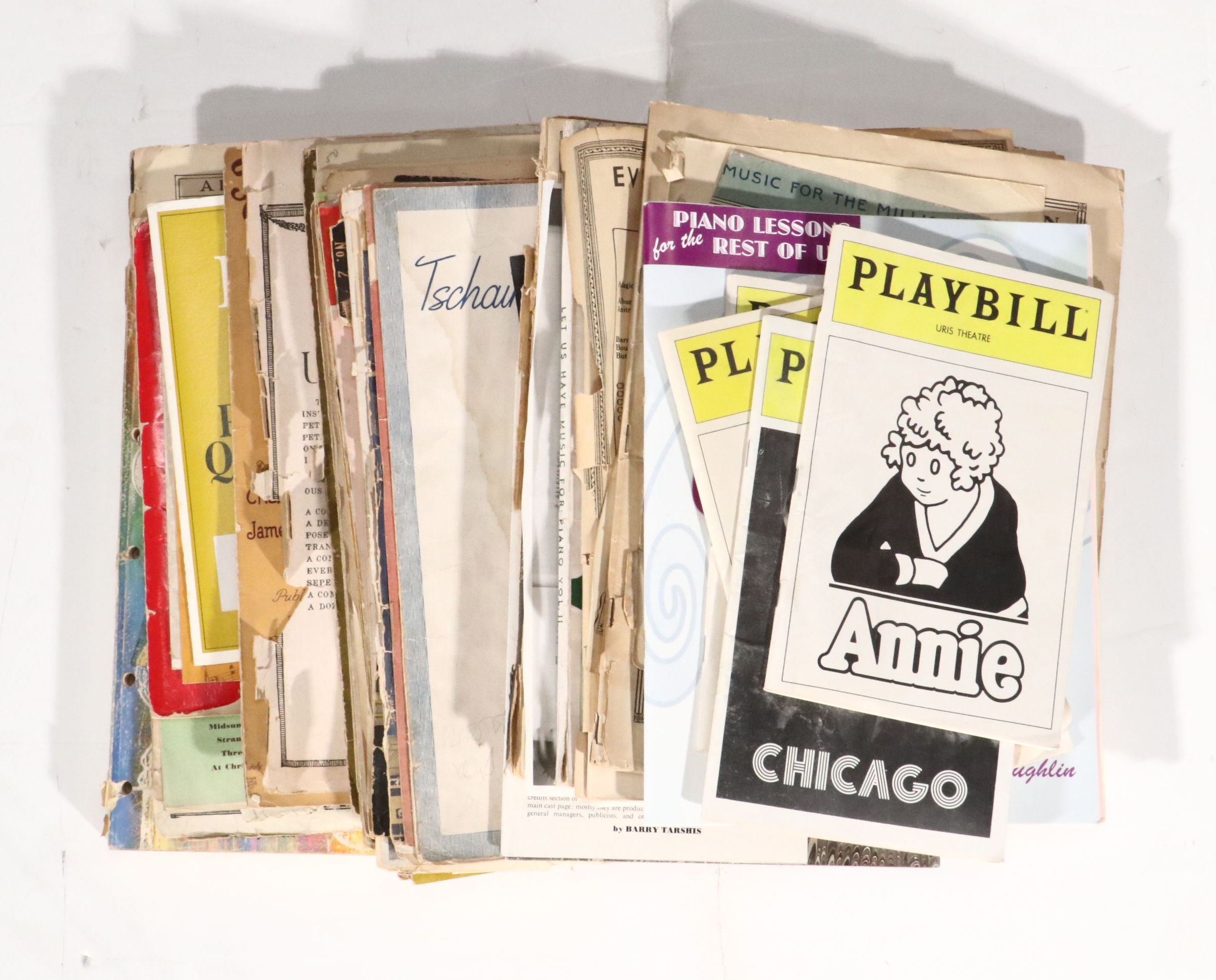 Sheraton Style Upholstered Mahogany Piano Bench with Throw Pillows, Sheet Music