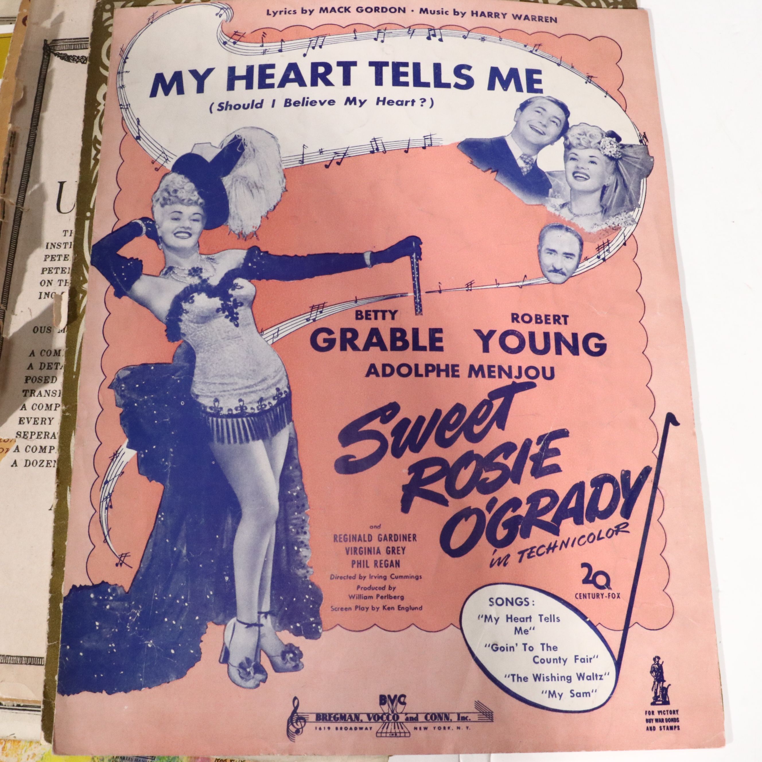 Sheraton Style Upholstered Mahogany Piano Bench with Throw Pillows, Sheet Music