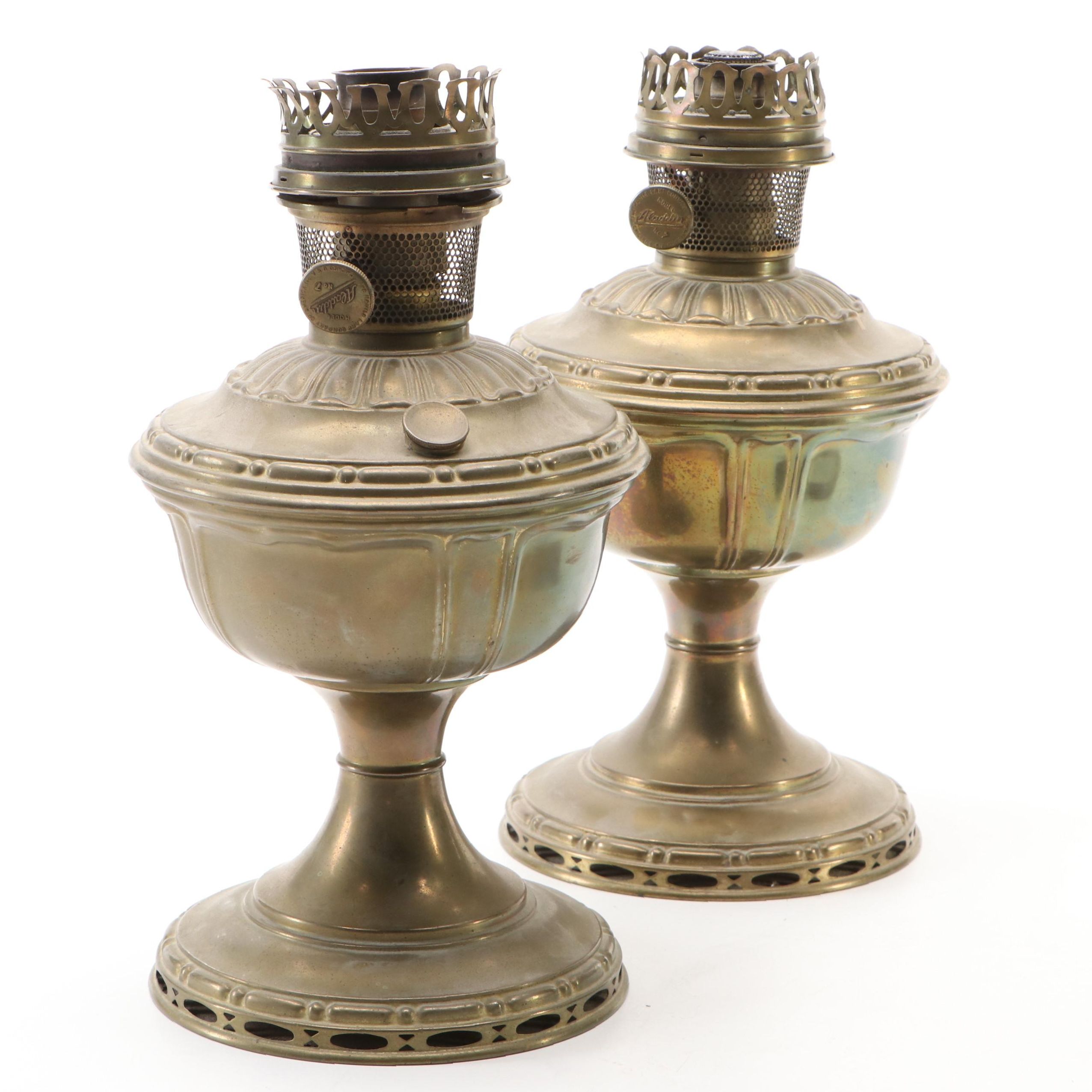 Aladdin Model 7 Brass Table Oil Lamps, Early 20th Century