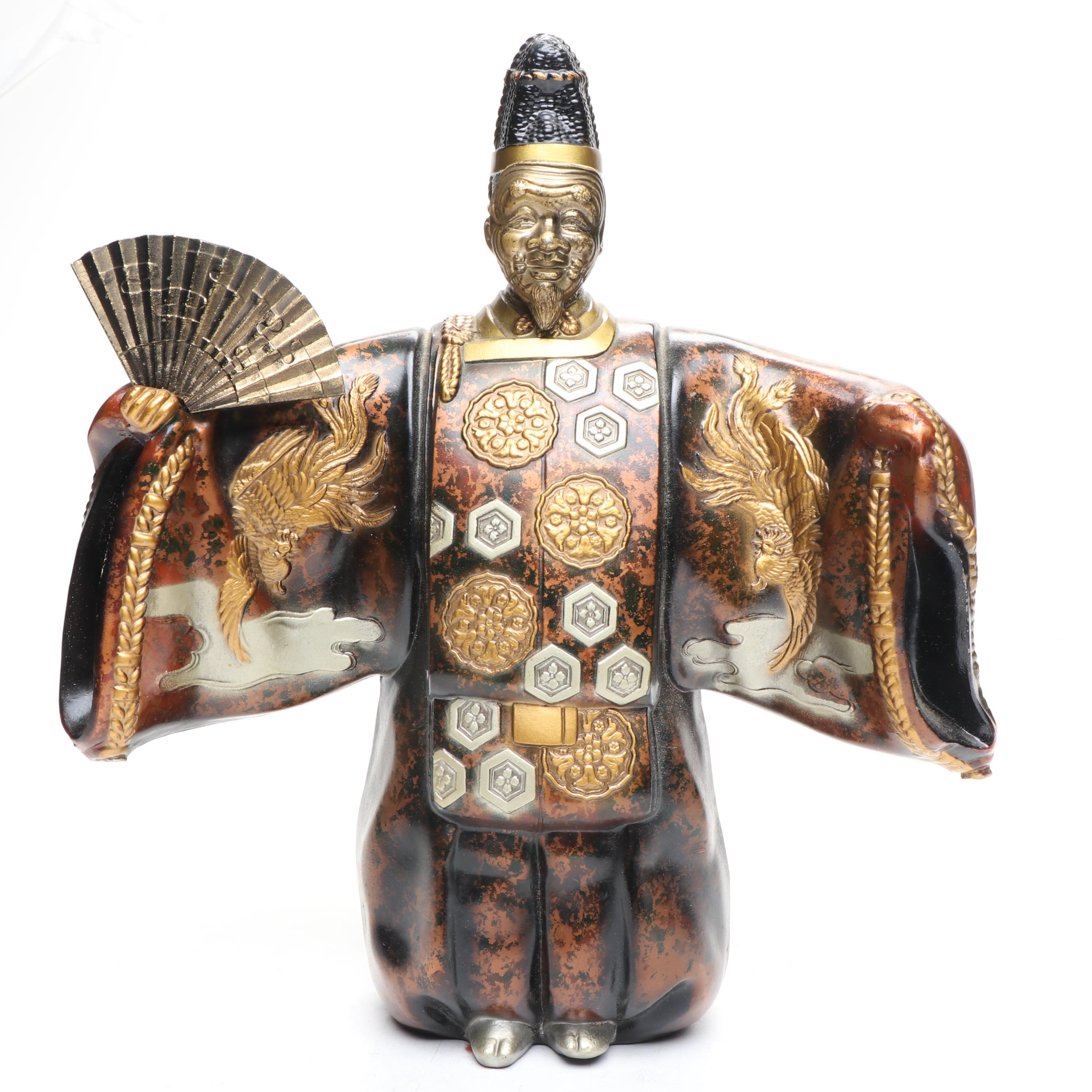 Japanese Enameled Tea Tin with Japanese Toyo Okina Noh Doll