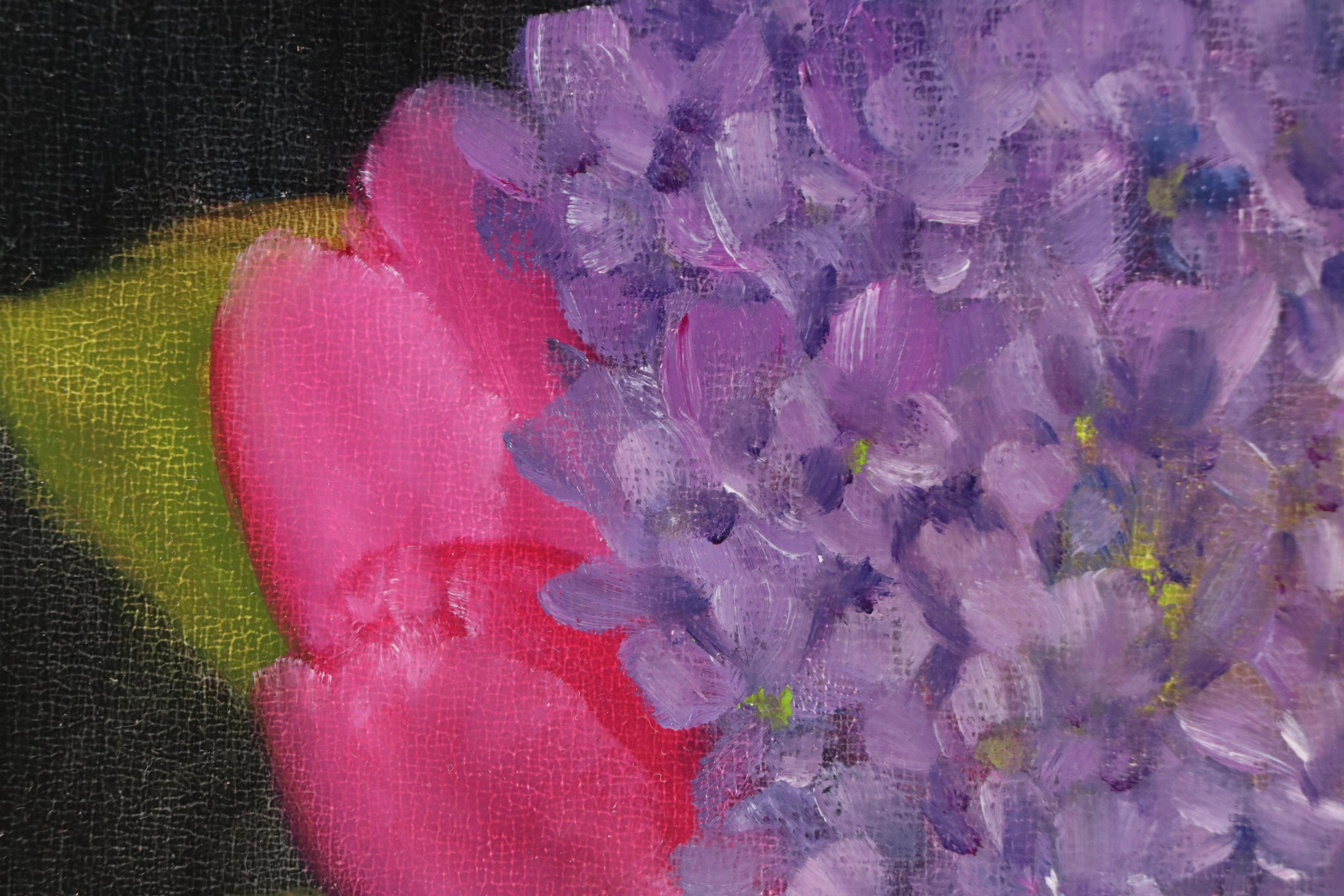 Thu-Thuy Tran Still Life Oil Painting "Hydrangeas and Tulips," 2025