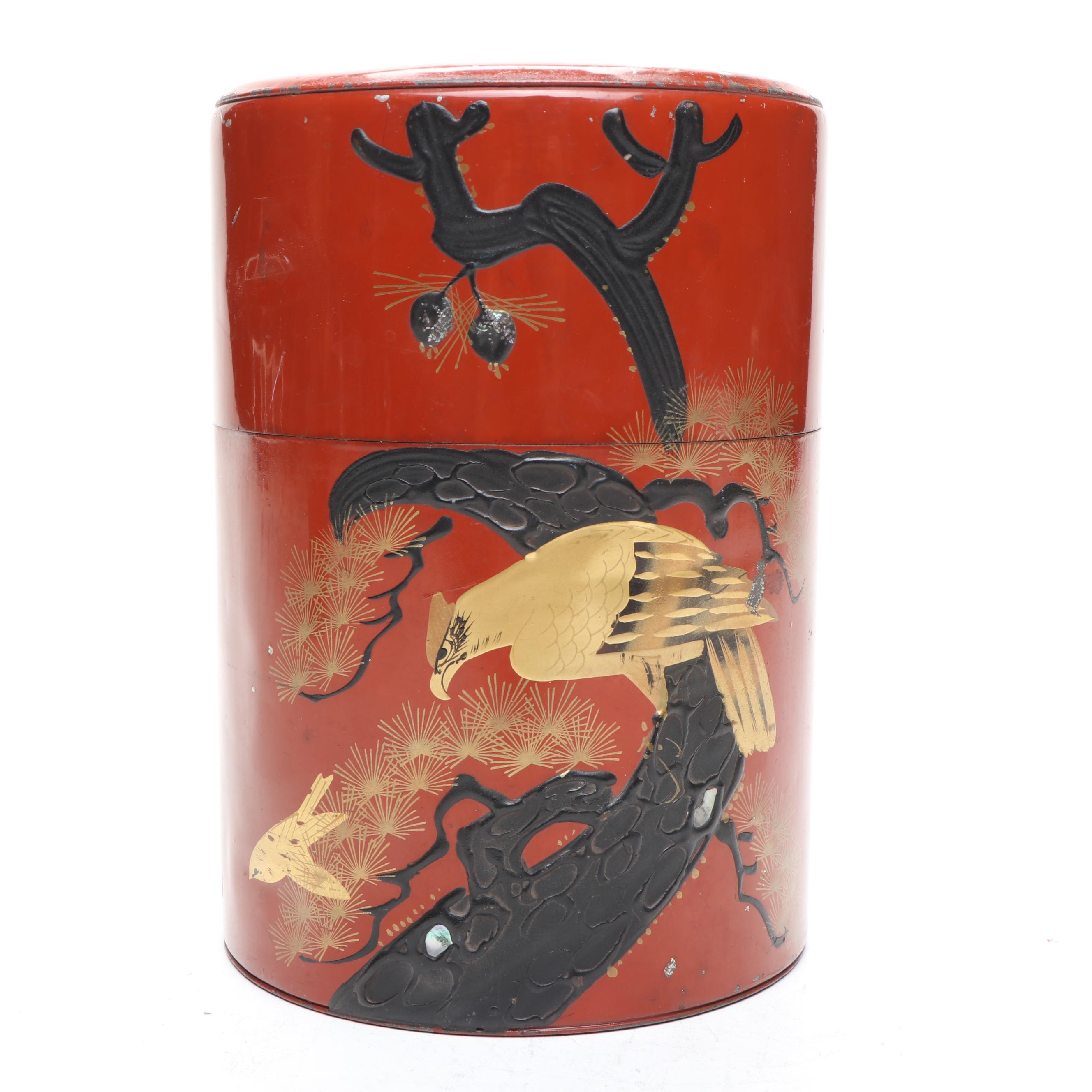 Japanese Enameled Tea Tin with Japanese Toyo Okina Noh Doll