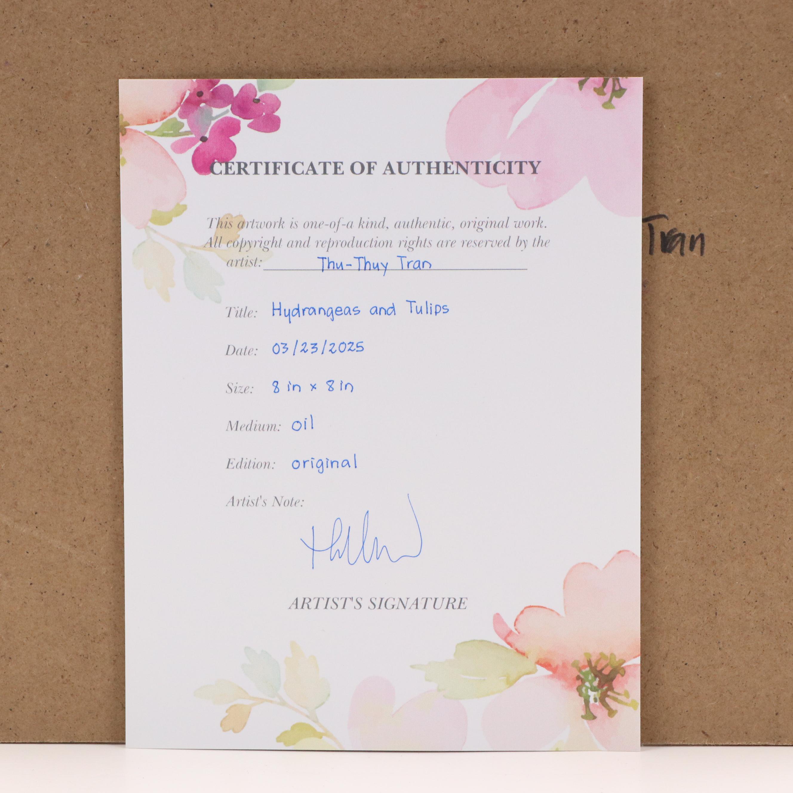 Thu-Thuy Tran Still Life Oil Painting "Hydrangeas and Tulips," 2025