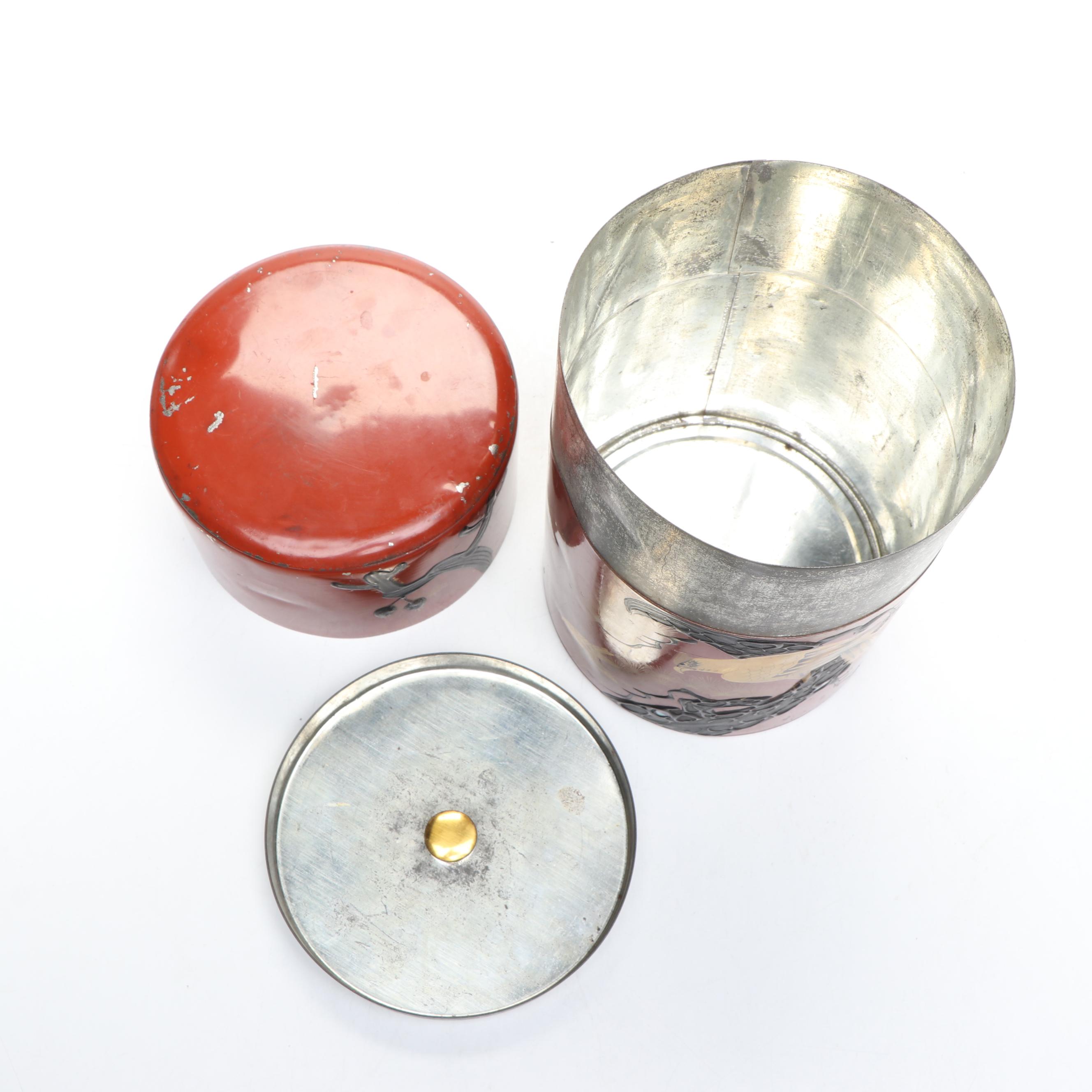 Japanese Enameled Tea Tin with Japanese Toyo Okina Noh Doll