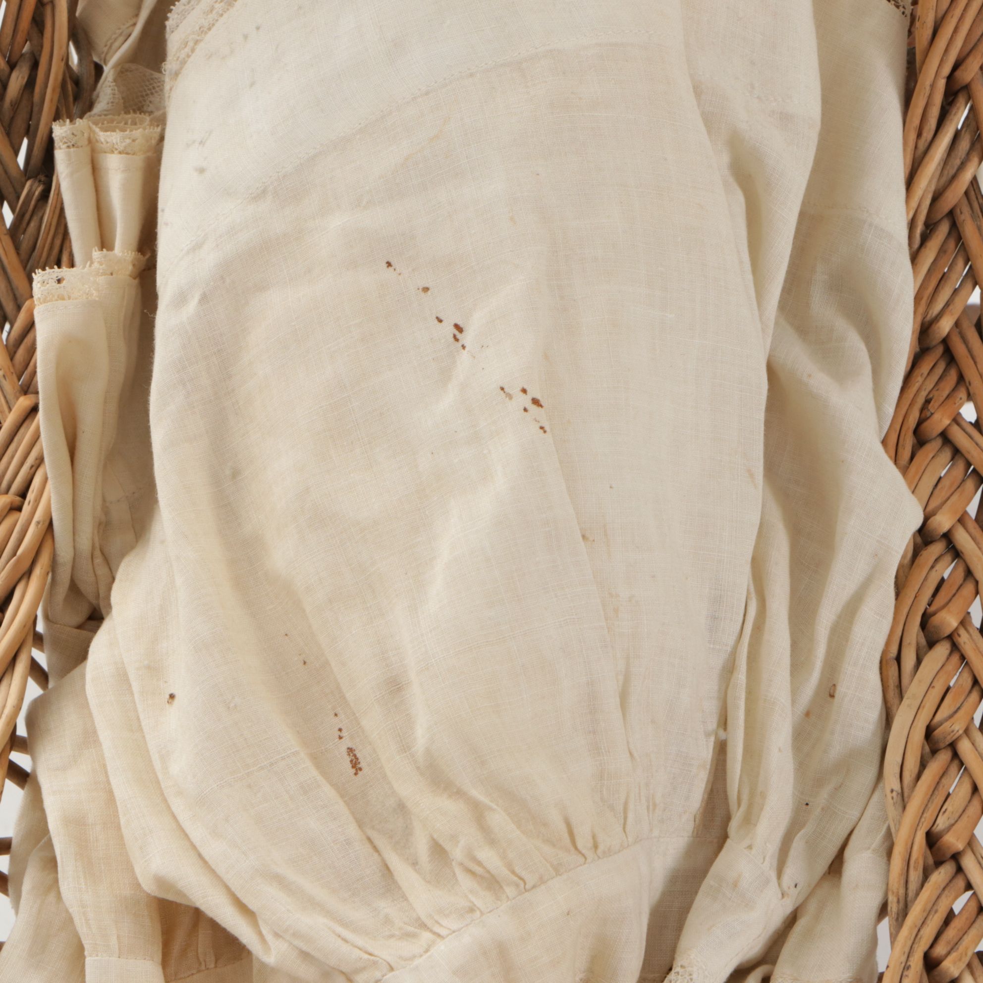 German Porcelain Open Mouth Doll with Composition Body and Wicker Cradle