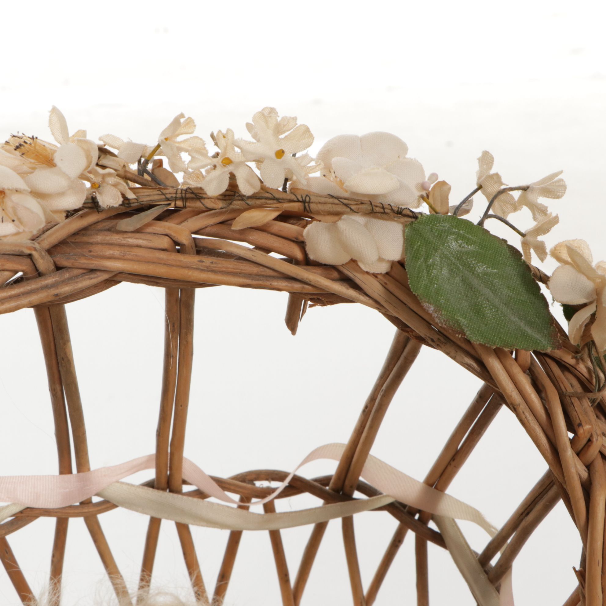 German Porcelain Open Mouth Doll with Composition Body and Wicker Cradle