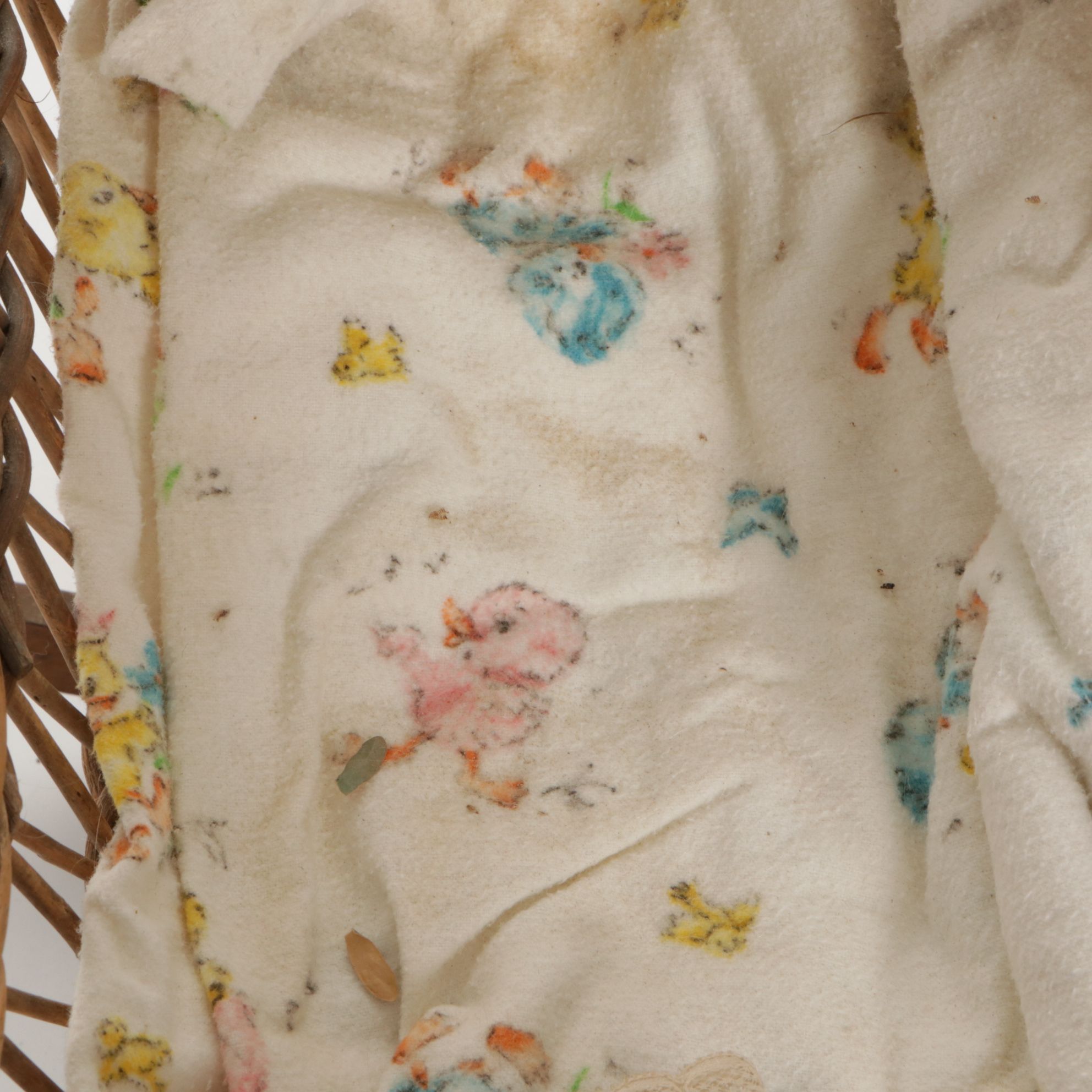 German Porcelain Open Mouth Doll with Composition Body and Wicker Cradle