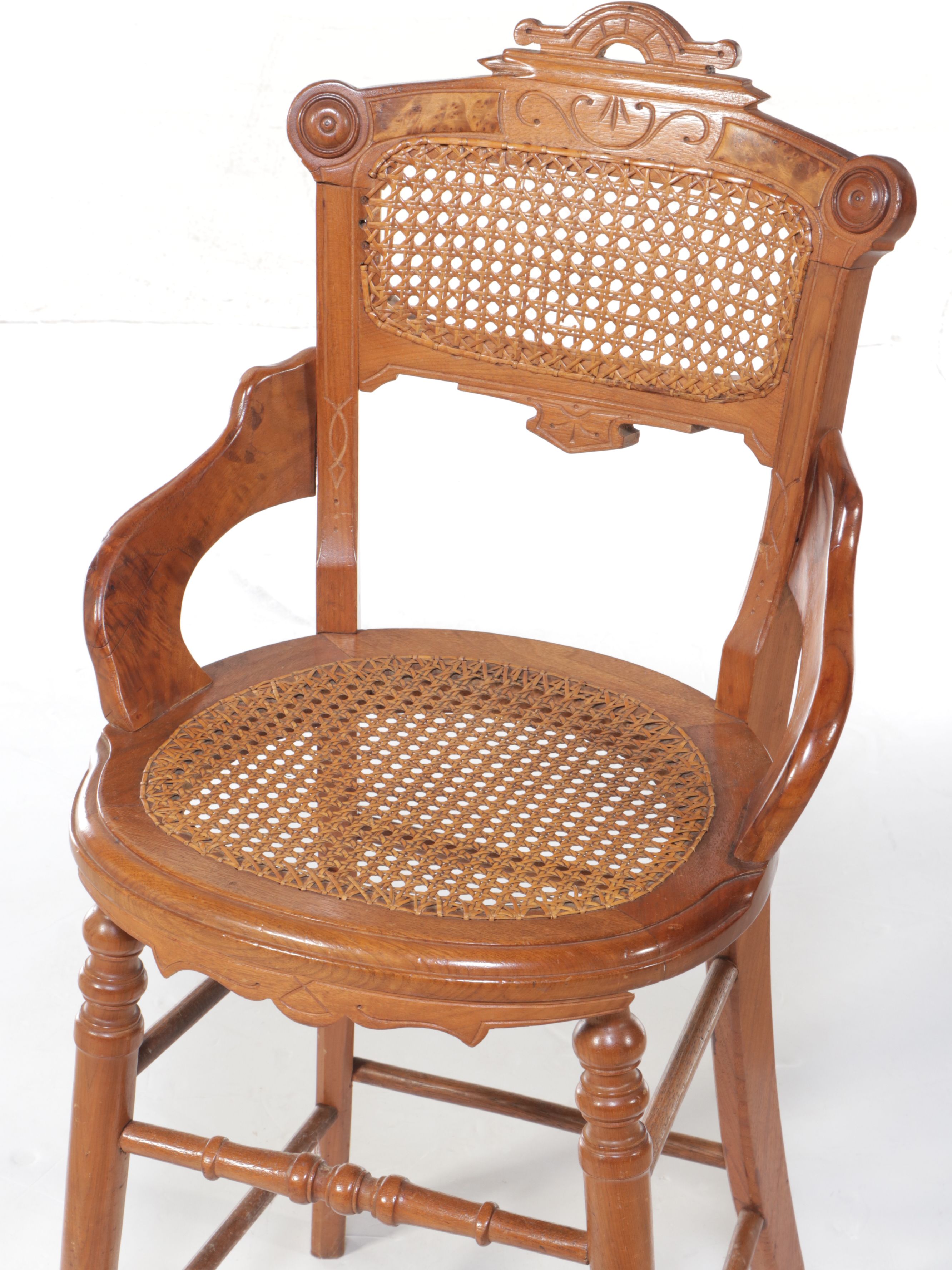Victorian Carved Walnut High Chair with Woven Cane Seat and Two Other Chairs