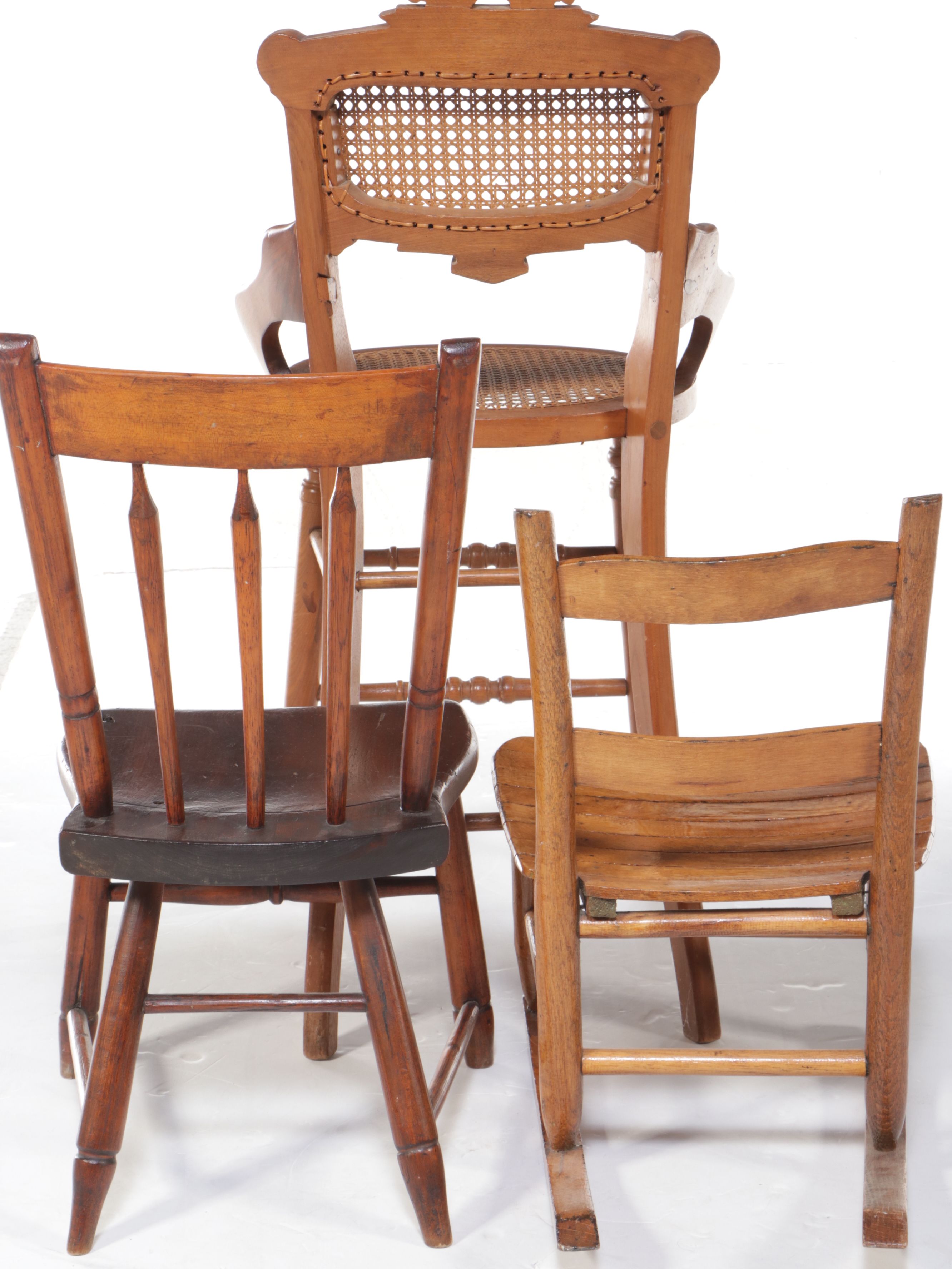 Victorian Carved Walnut High Chair with Woven Cane Seat and Two Other Chairs