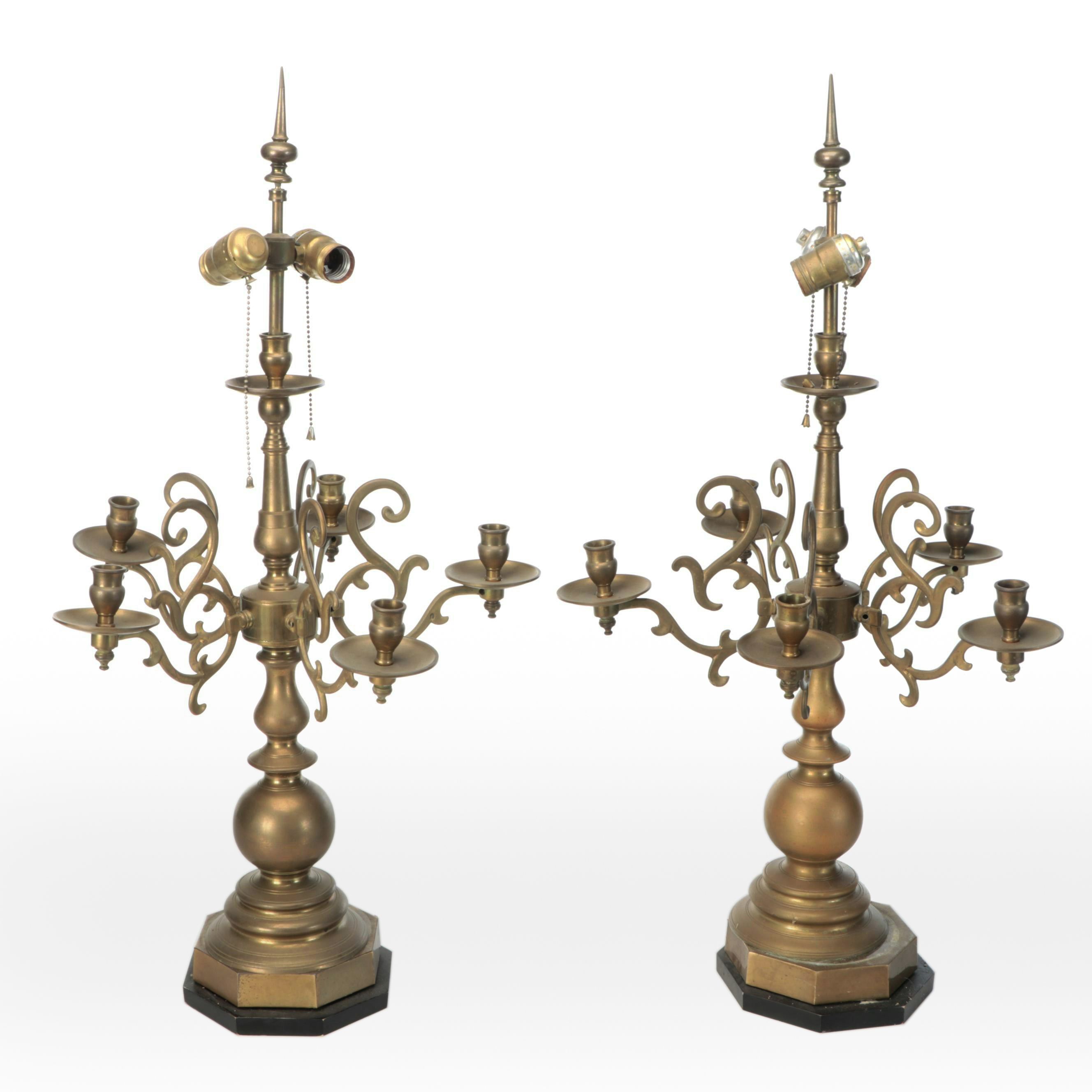 Pair of Brass Candelabra Table Lamps, Mid to Late 20th Century