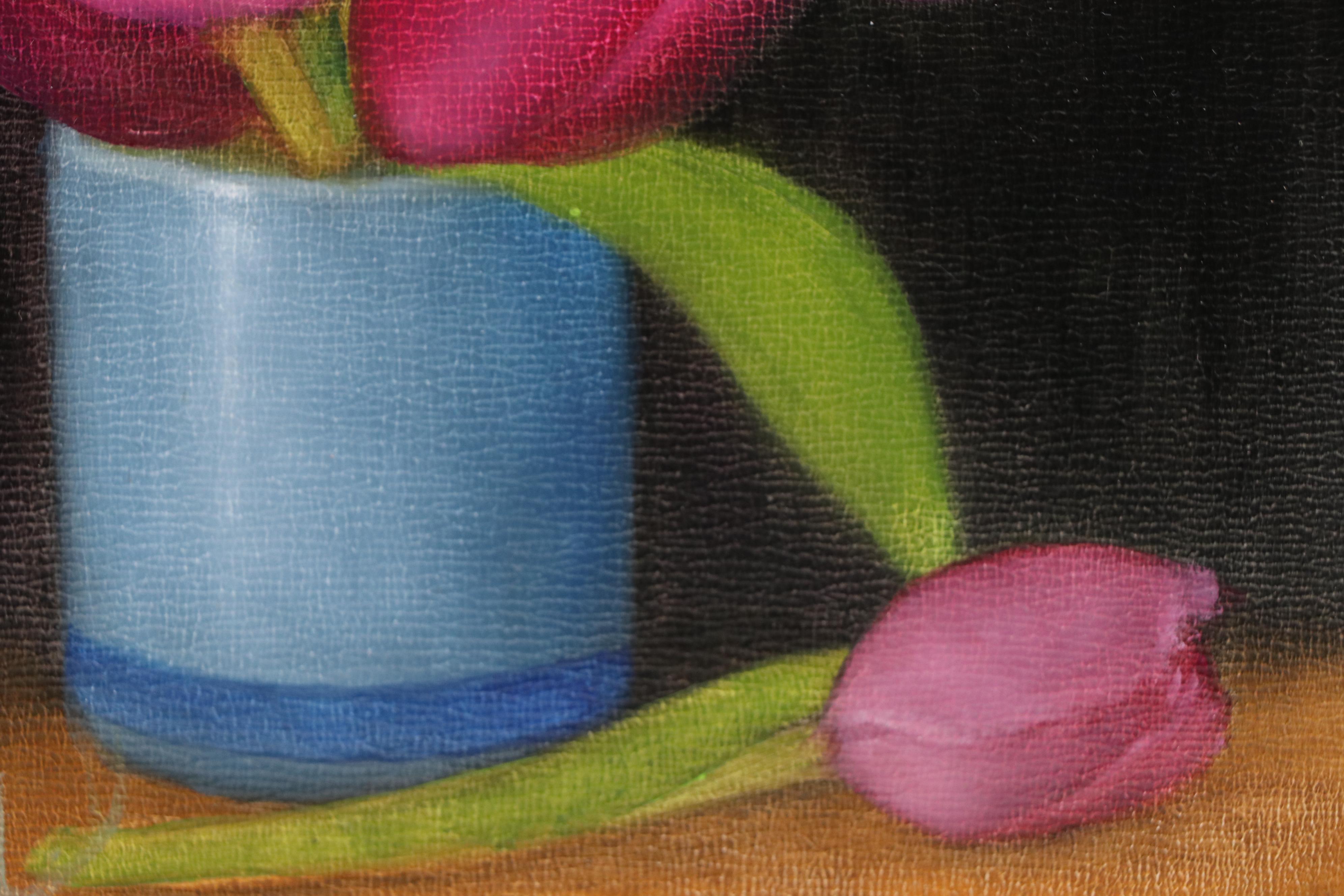 Thu-Thuy Tran Still Life Oil Painting "Tulips and Blue Ceramic," 2025