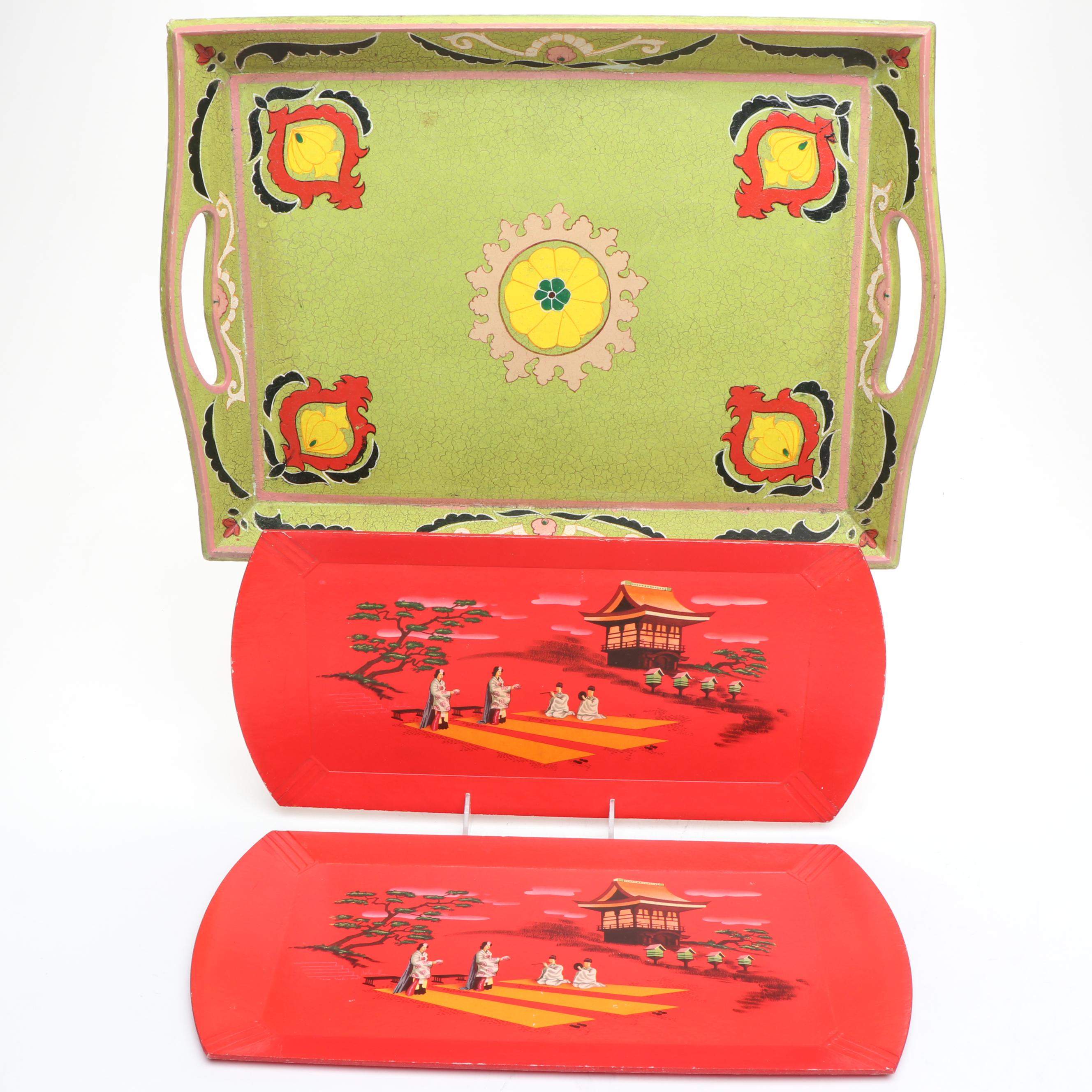 Haskelite Mfg. Corp. Japanism Print Covered Wood Trays with Other Handled Tray