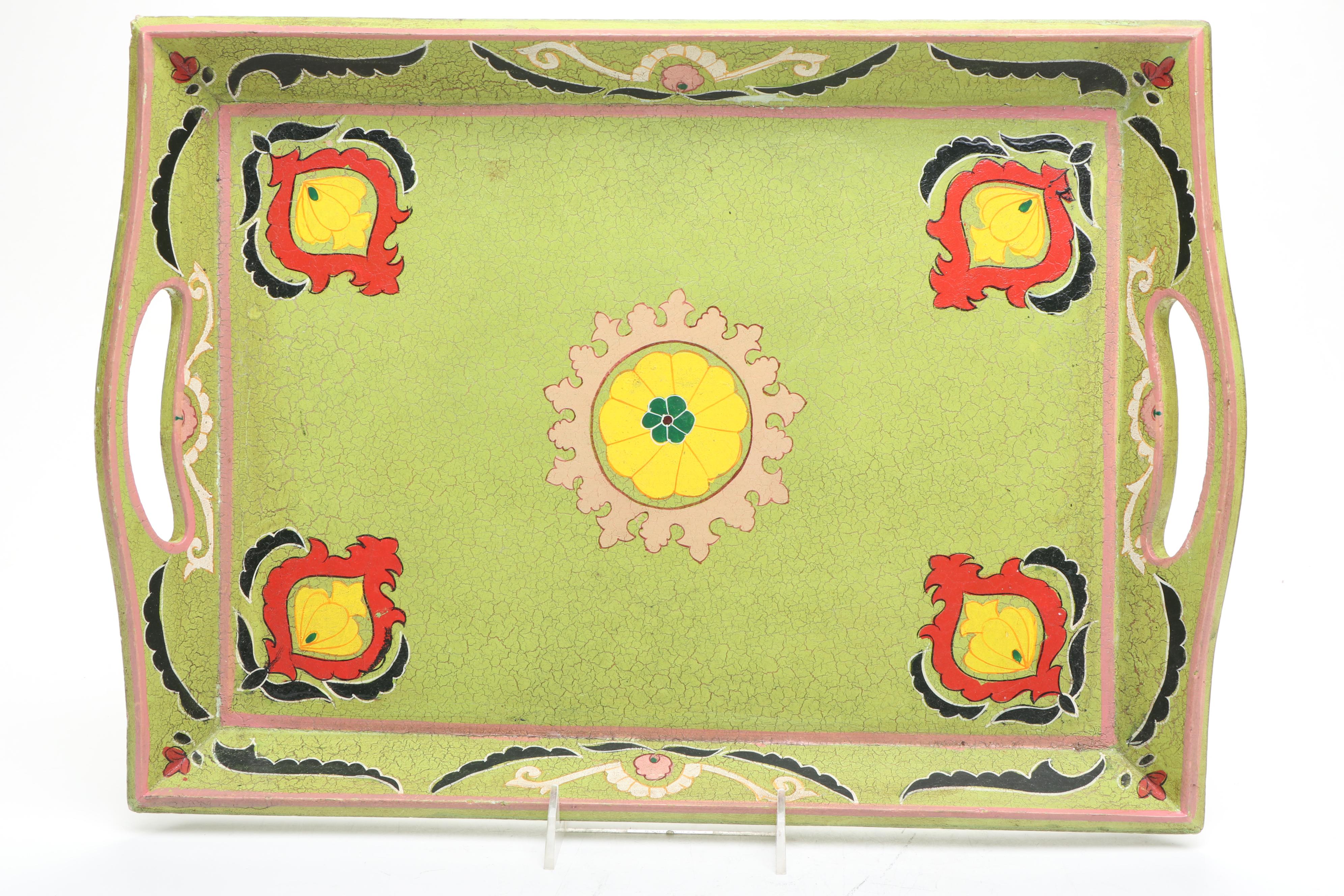 Haskelite Mfg. Corp. Japanism Print Covered Wood Trays with Other Handled Tray