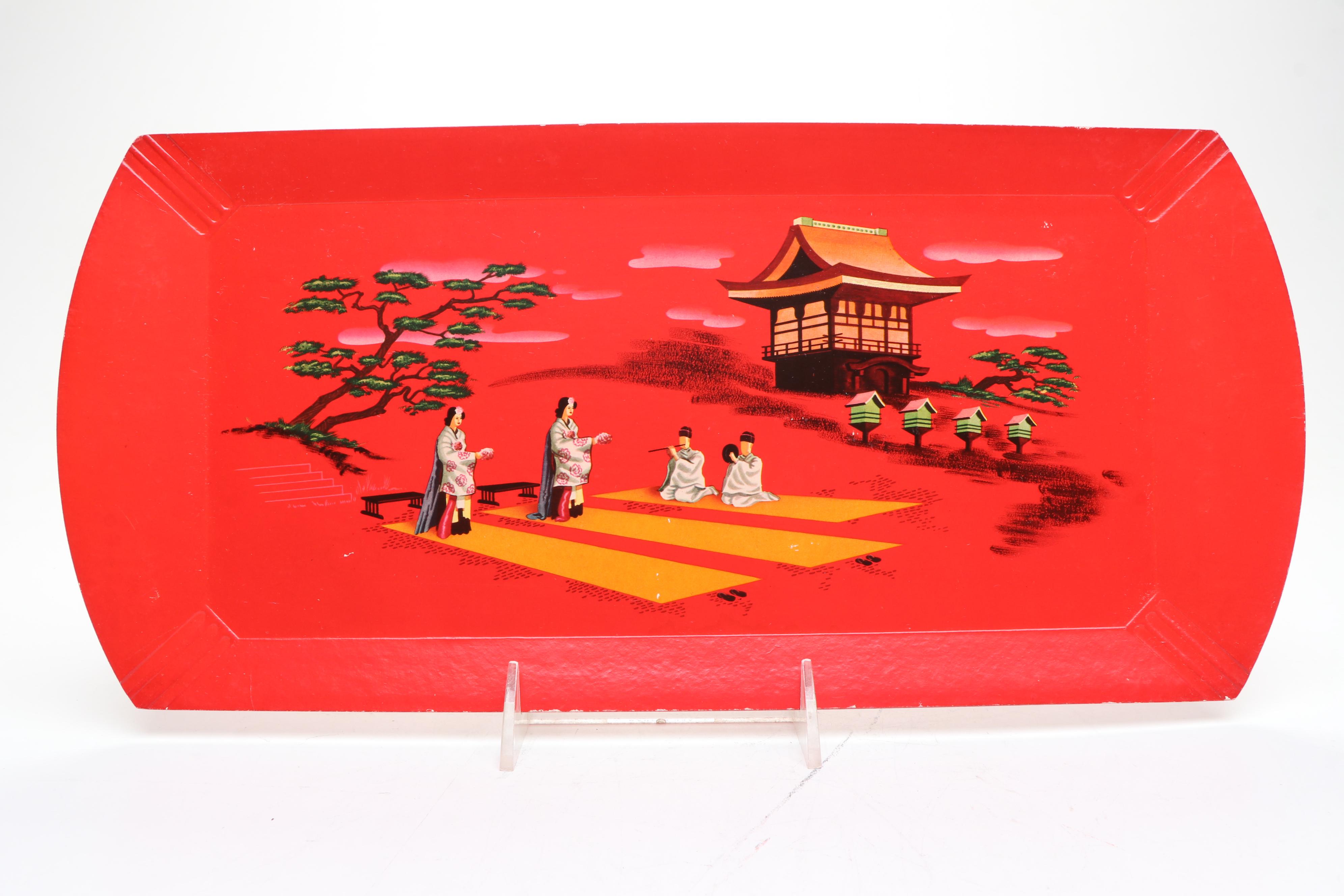 Haskelite Mfg. Corp. Japanism Print Covered Wood Trays with Other Handled Tray