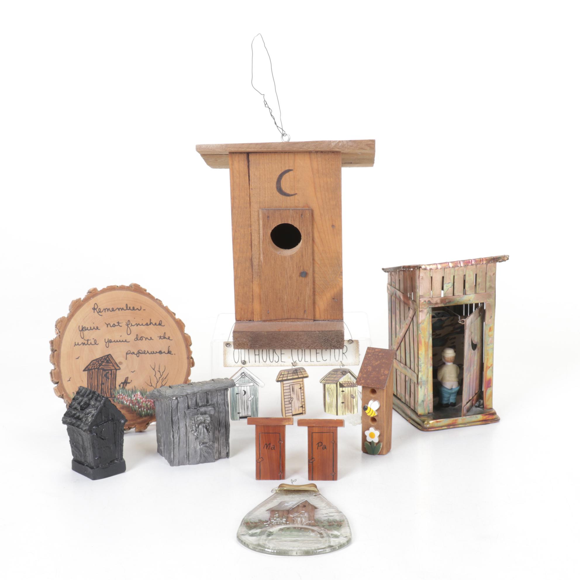Berkeley Copper Music Box Outhouse with Other Outhouse Collectibles