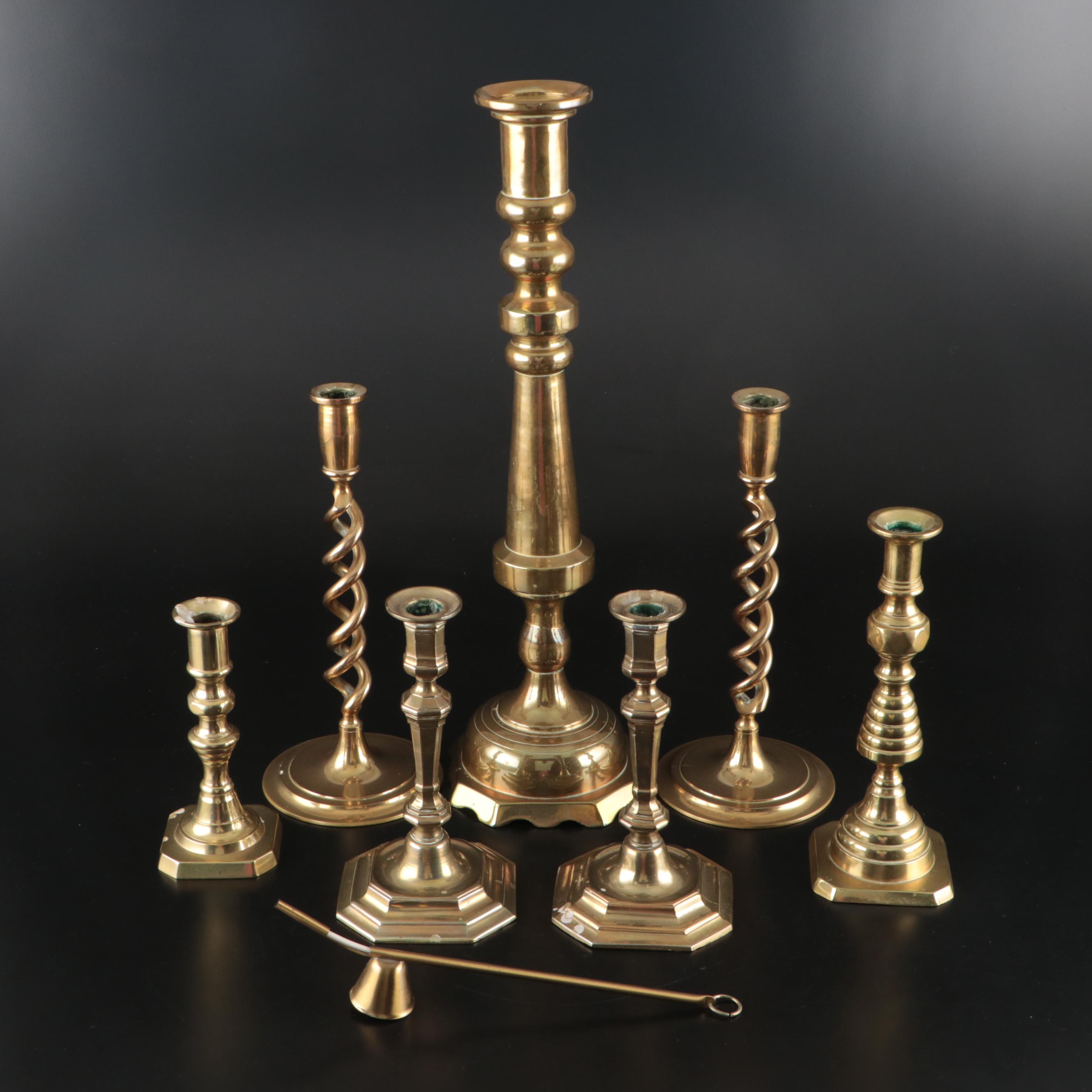 Vintage Column and Swirl Brass Candlesticks with Candle Snuffer