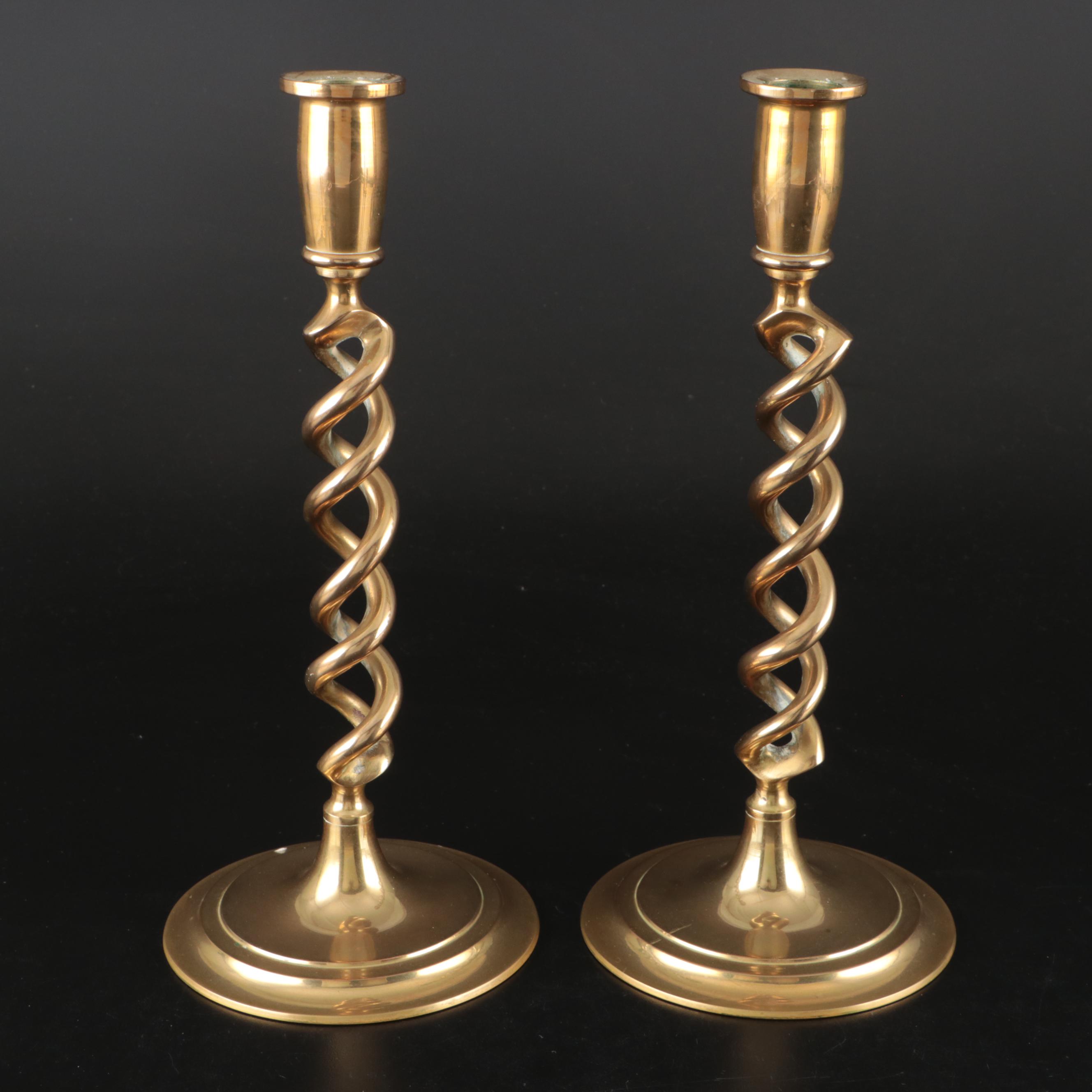 Vintage Column and Swirl Brass Candlesticks with Candle Snuffer