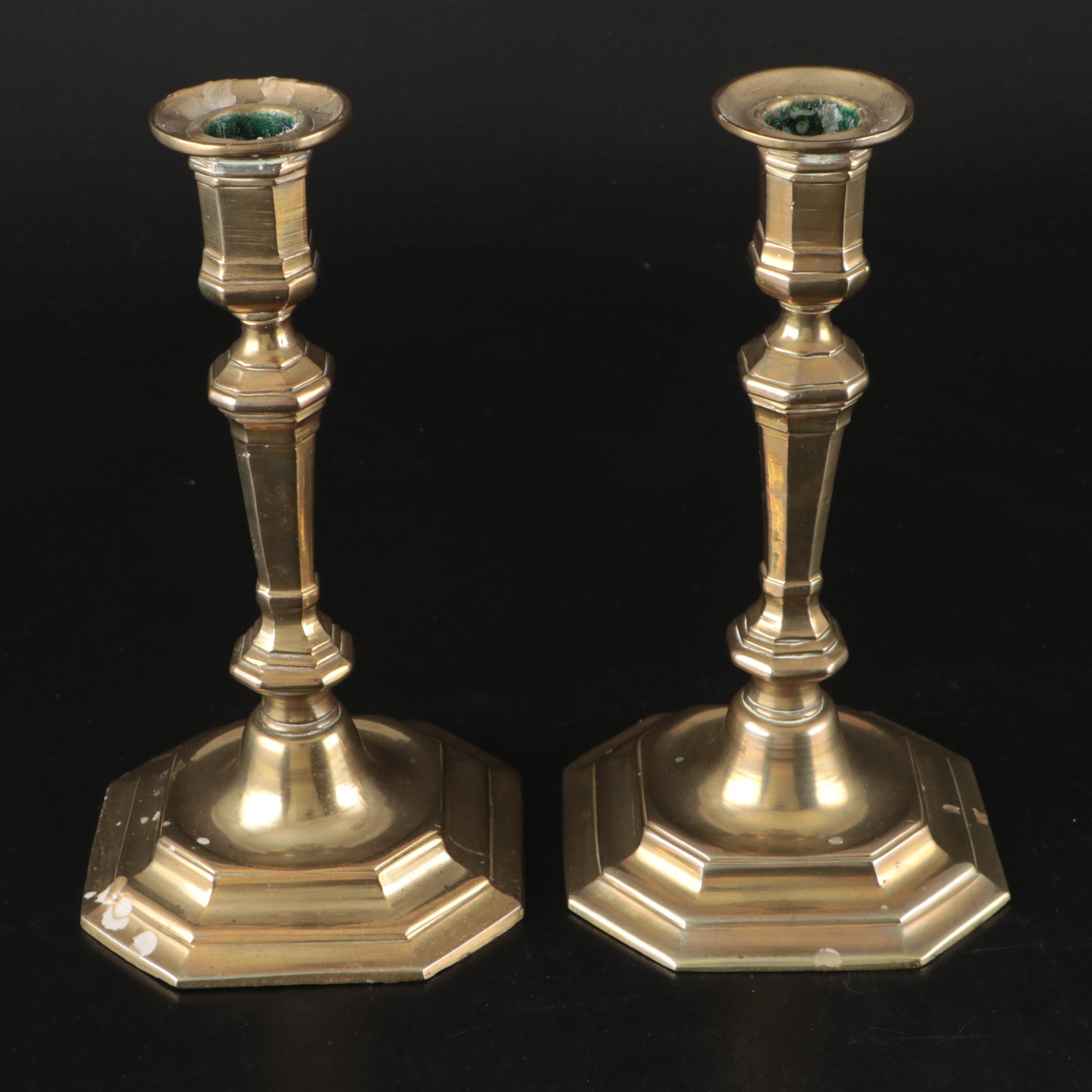 Vintage Column and Swirl Brass Candlesticks with Candle Snuffer