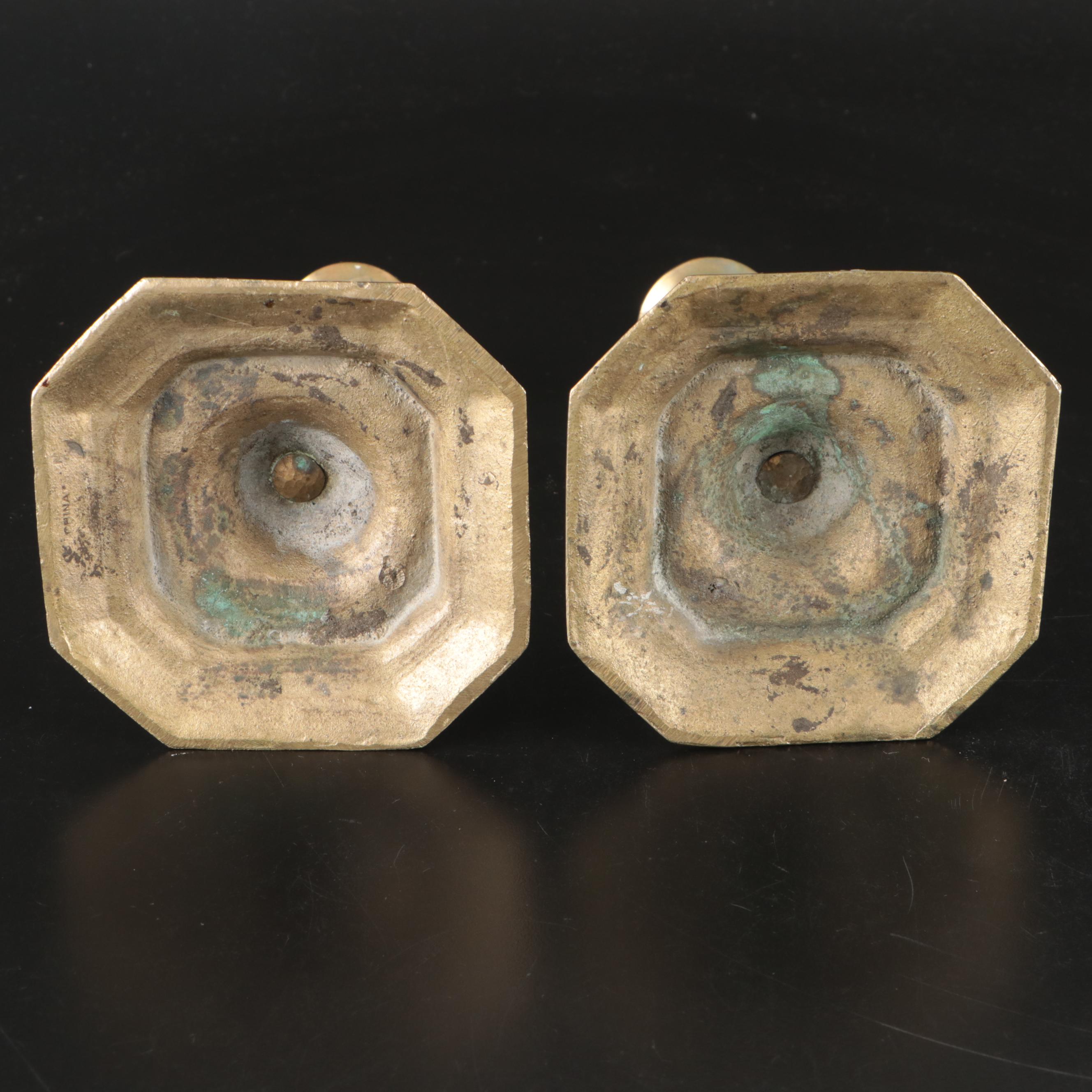 Vintage Column and Swirl Brass Candlesticks with Candle Snuffer