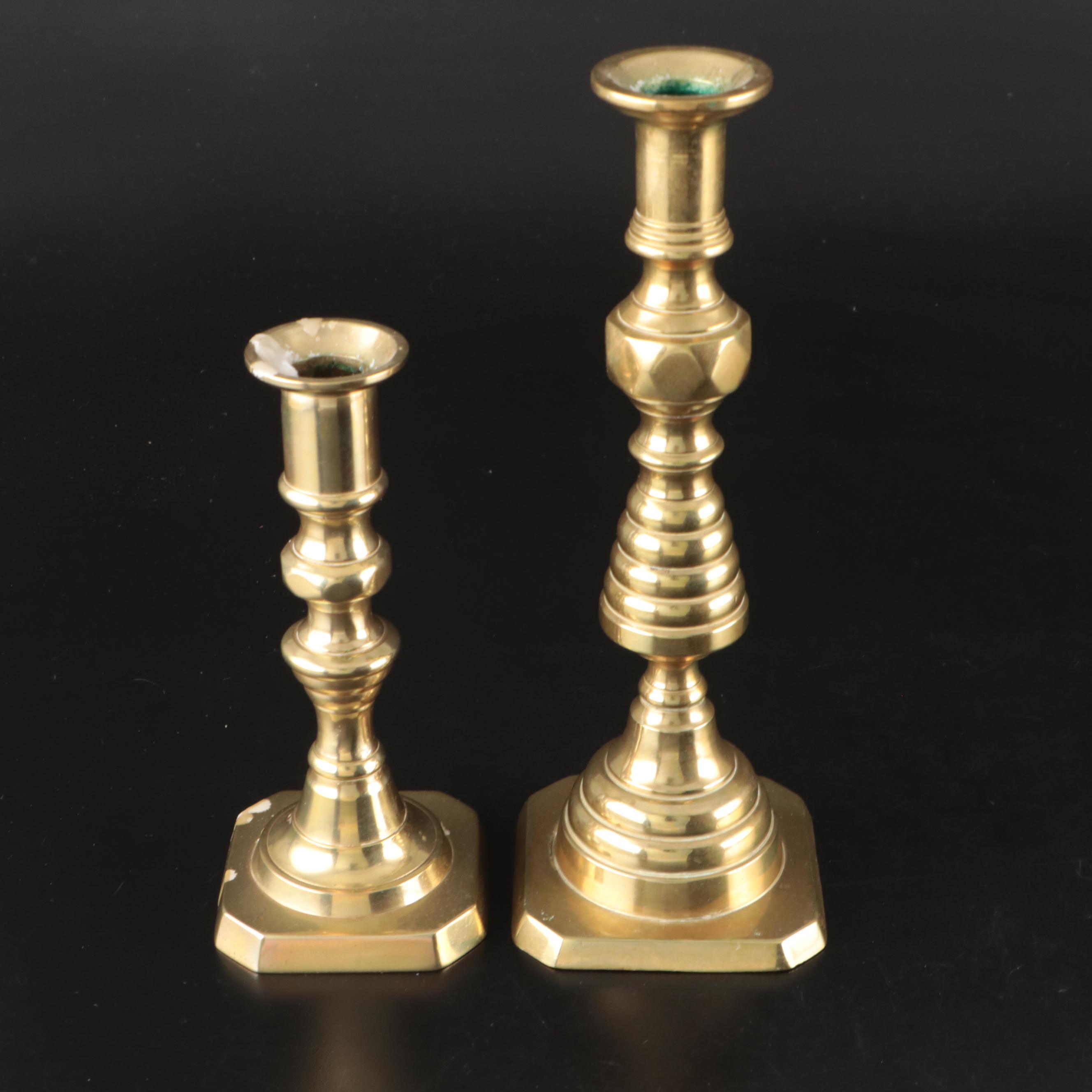 Vintage Column and Swirl Brass Candlesticks with Candle Snuffer