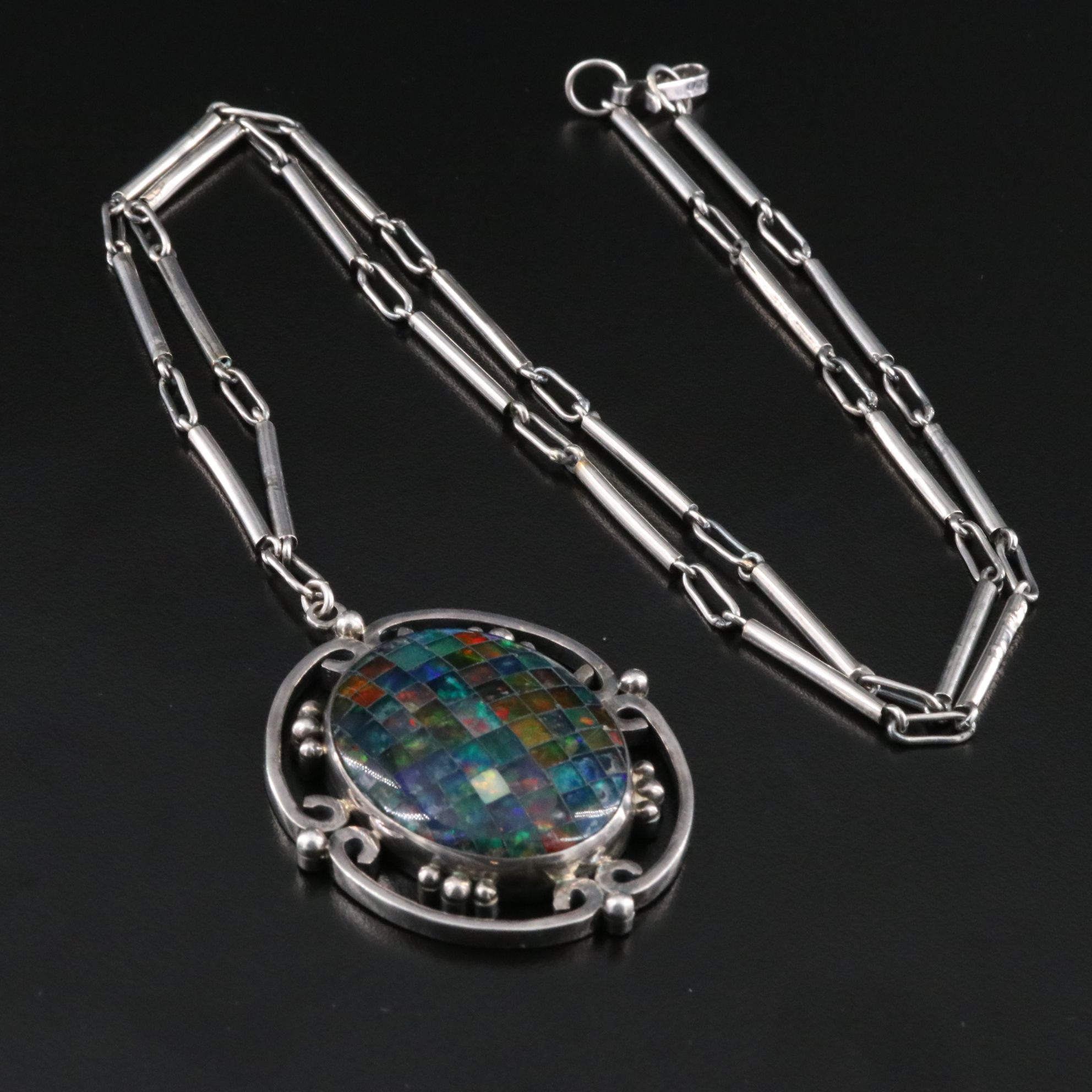 Mexican Modernist Carmen Beckmann Sterling Opal Triplet Mosaic Necklace