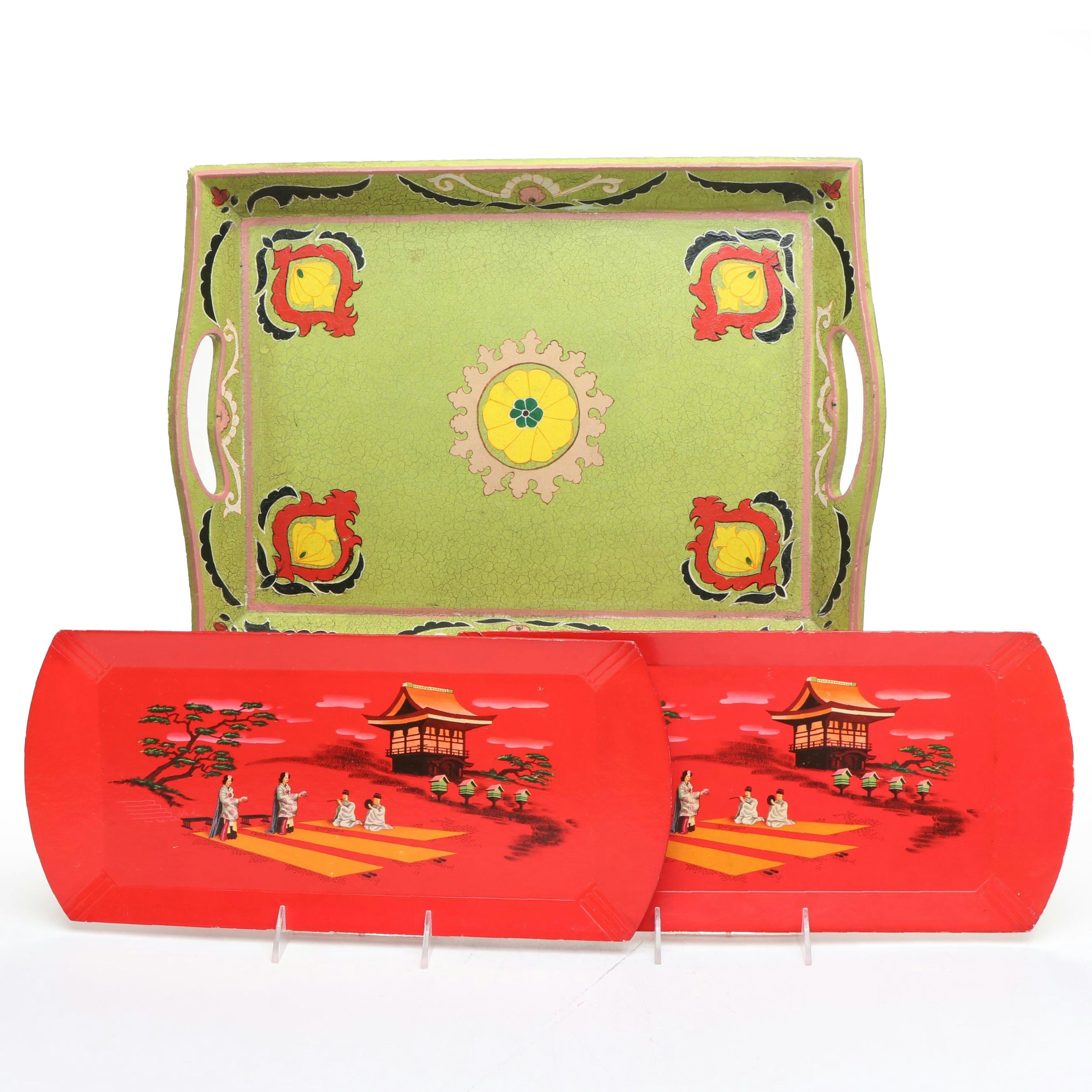Haskelite Mfg. Corp. Japanism Print Covered Wood Trays with Other Handled Tray