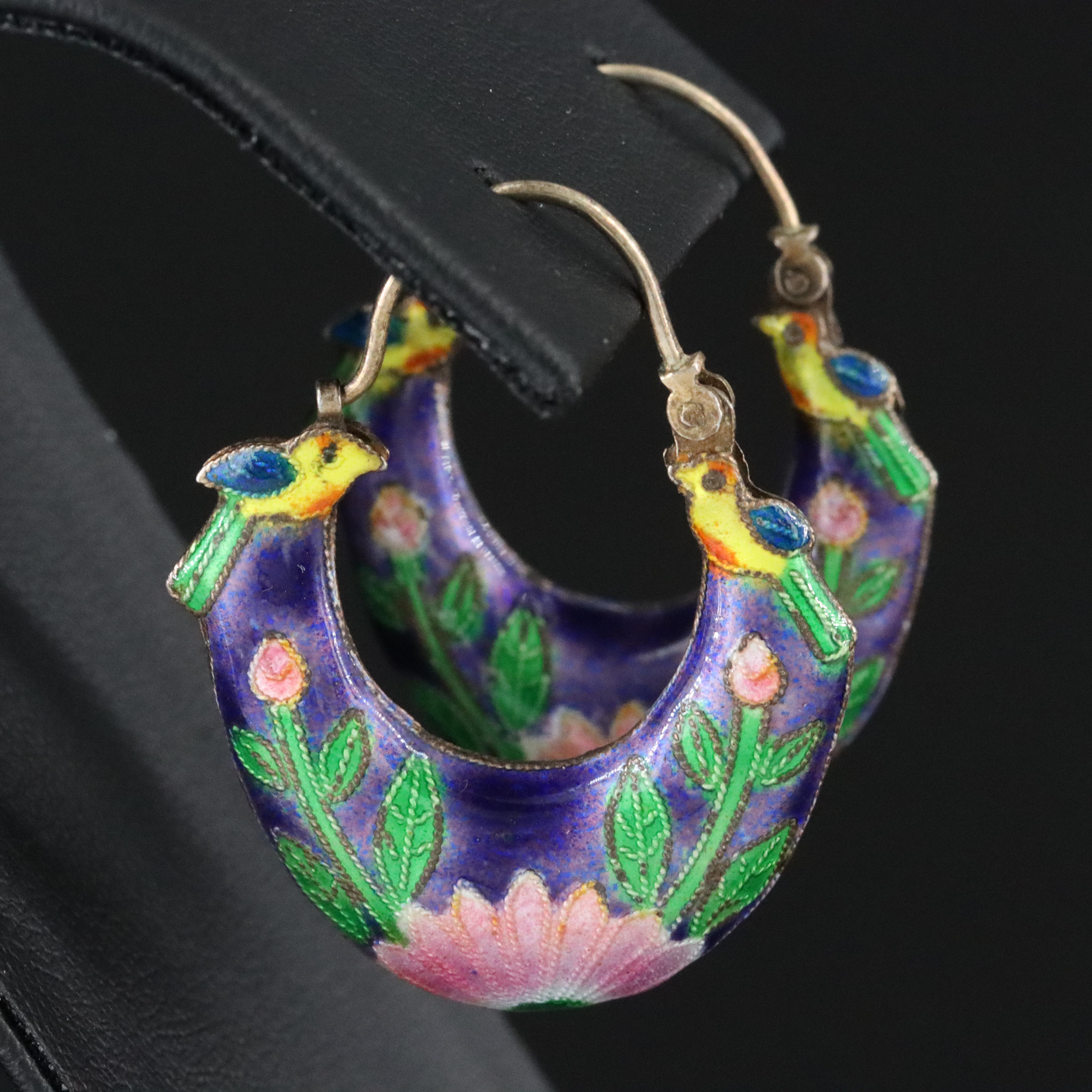 Vintage Sterling Cloisonné Bird and Floral Hoops