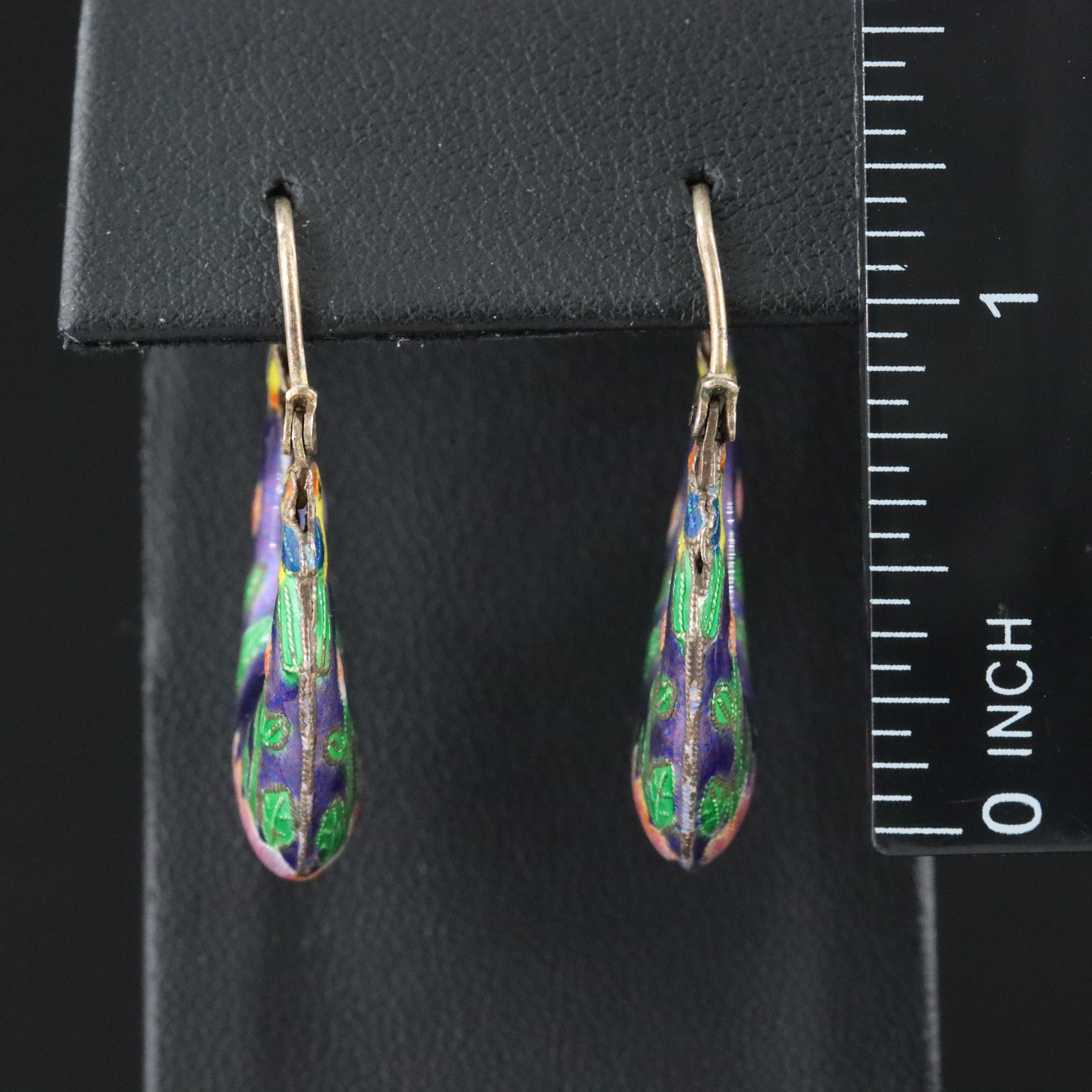 Vintage Sterling Cloisonné Bird and Floral Hoops