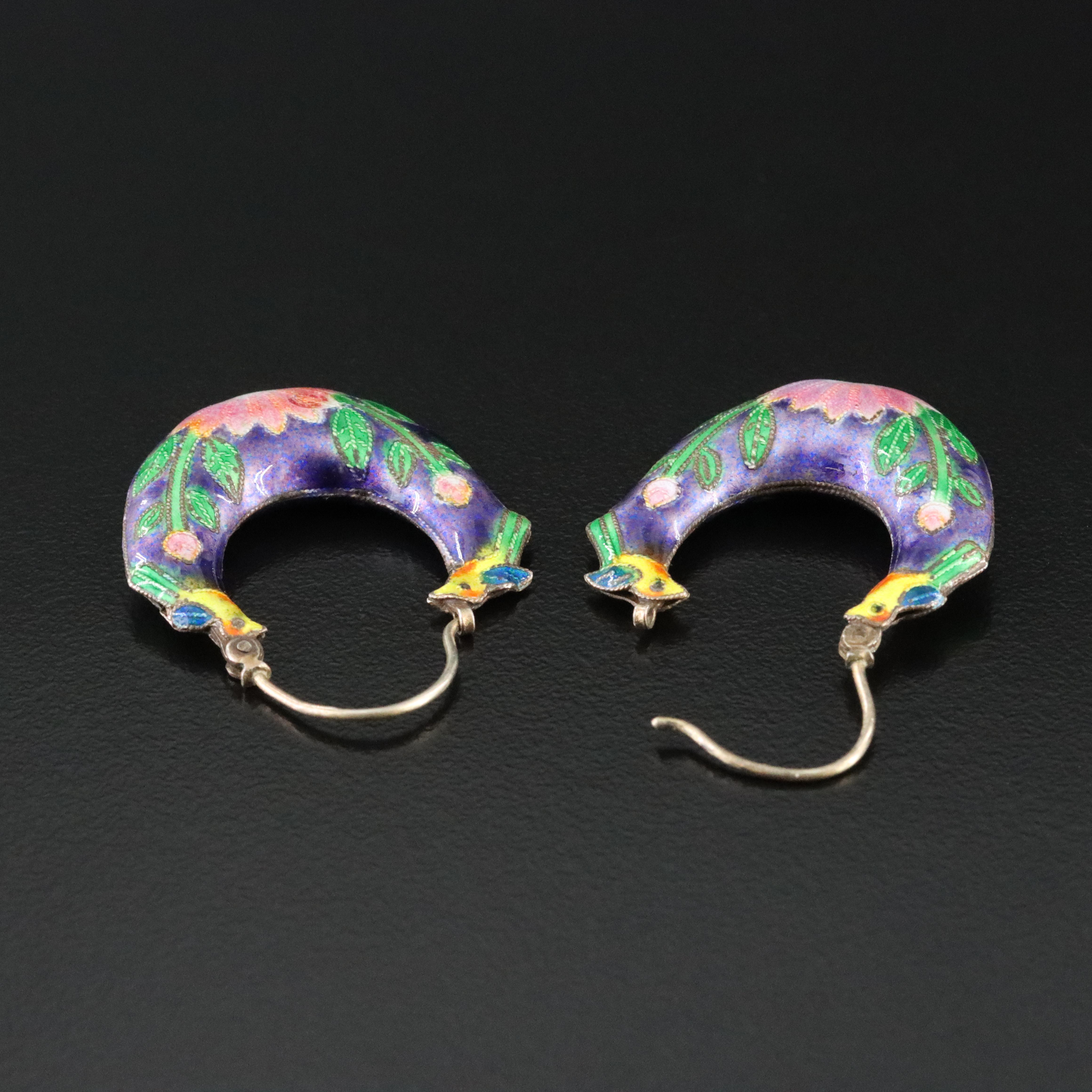 Vintage Sterling Cloisonné Bird and Floral Hoops