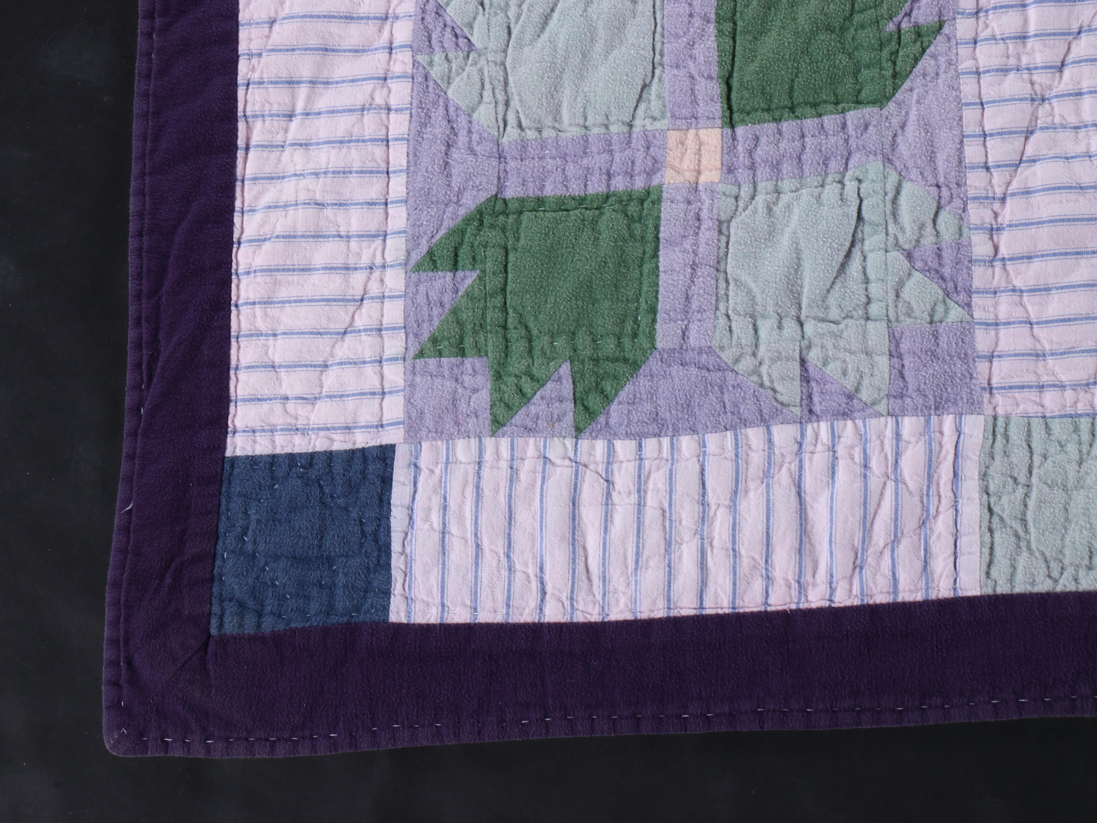 Handmade "Tulip" Pieced Flannel and Cotton Quilt, 20th Century