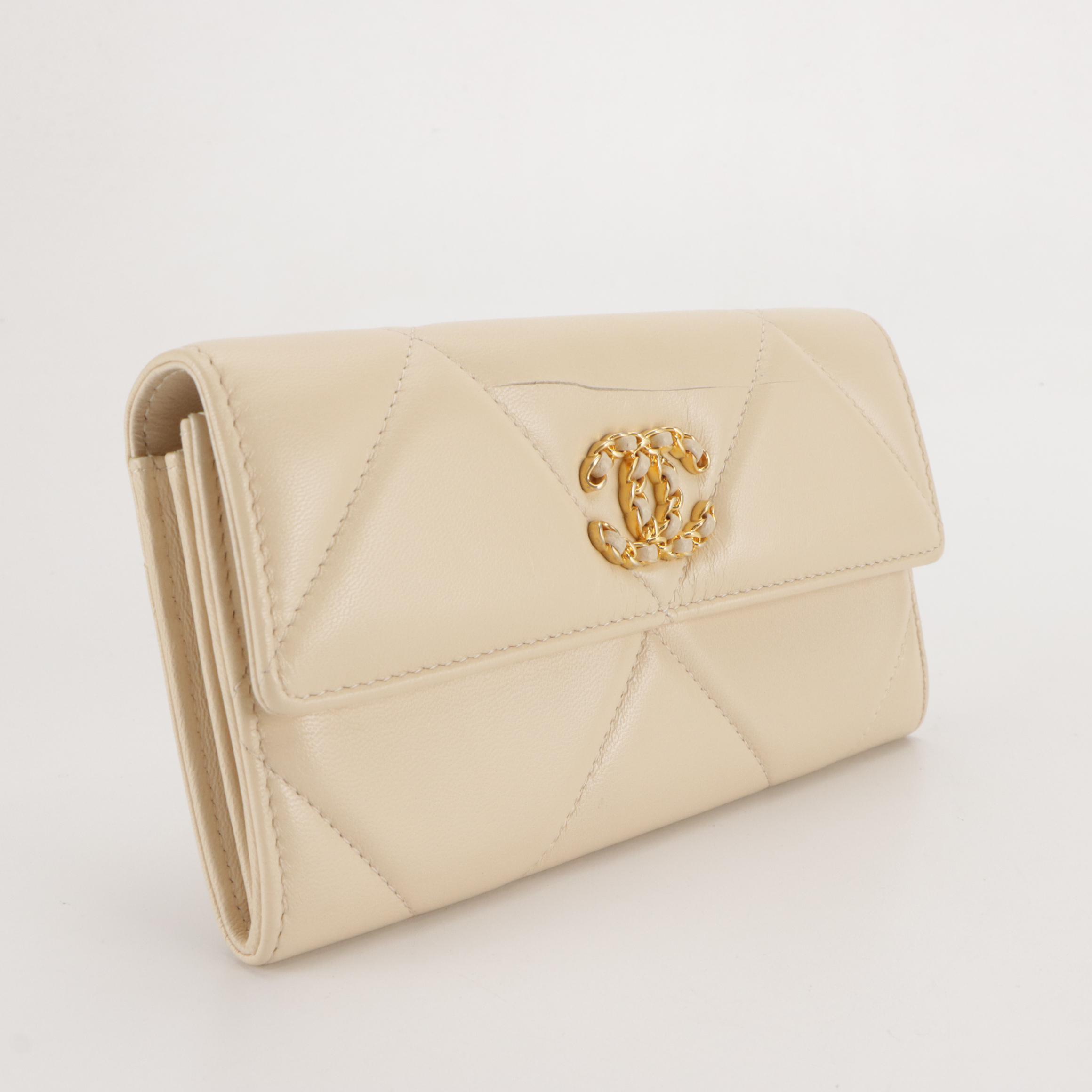 Chanel 19 Long Front Flap Wallet in Diamond Stitched Beige Lambskin Leather