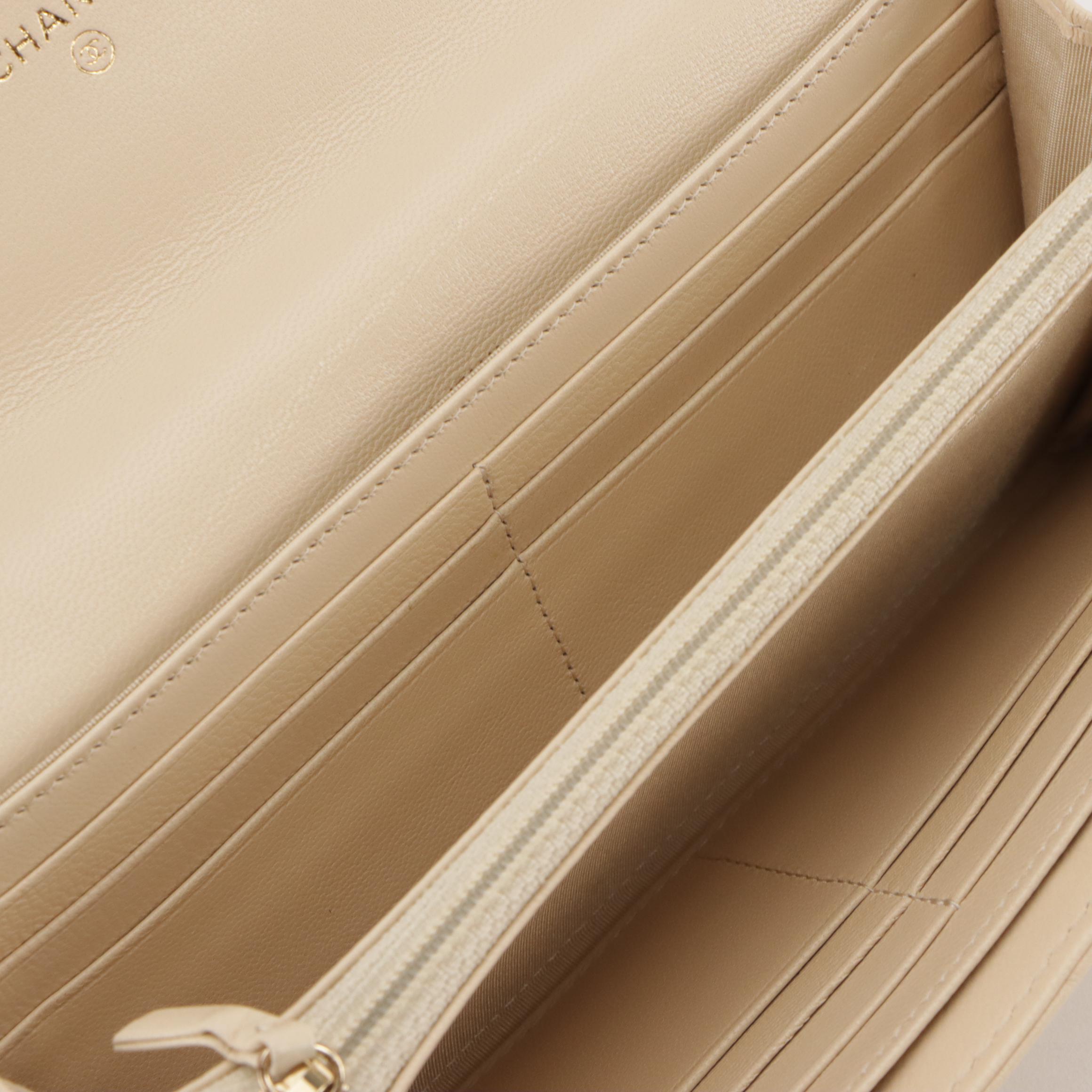 Chanel 19 Long Front Flap Wallet in Diamond Stitched Beige Lambskin Leather