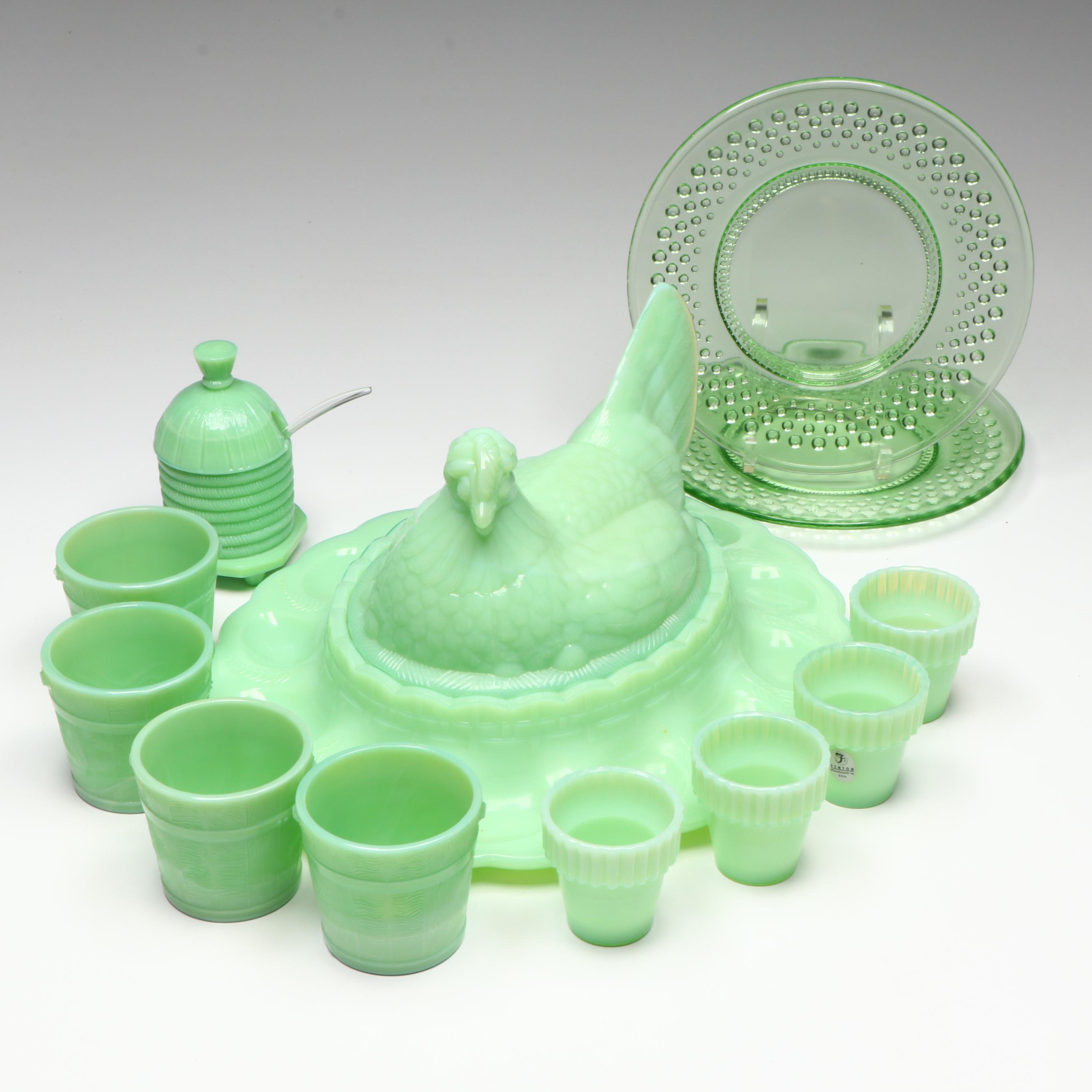Fenton Jadeite Hen Deviled Egg Plate with Depression Glass Plates and More