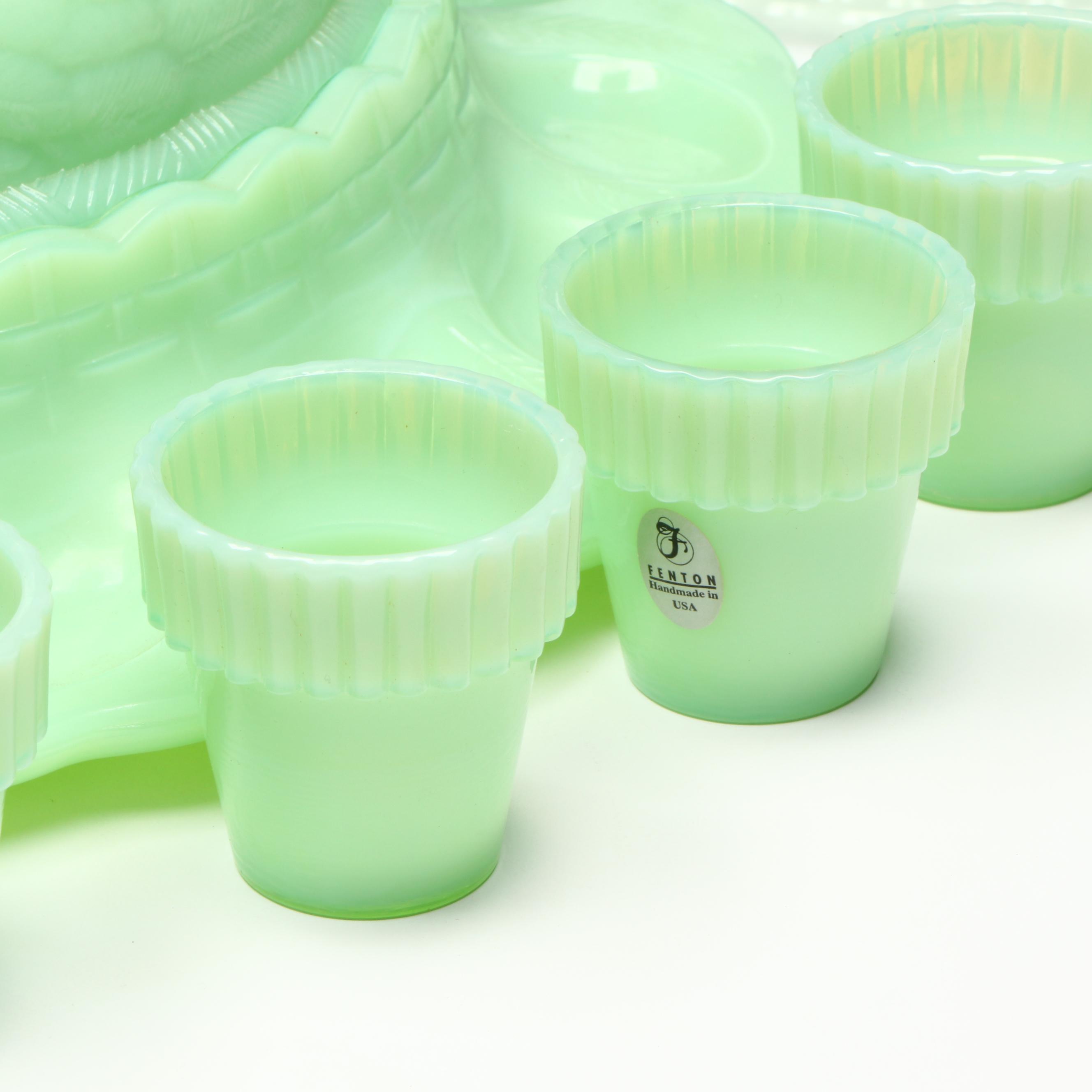 Fenton Jadeite Hen Deviled Egg Plate with Depression Glass Plates and More