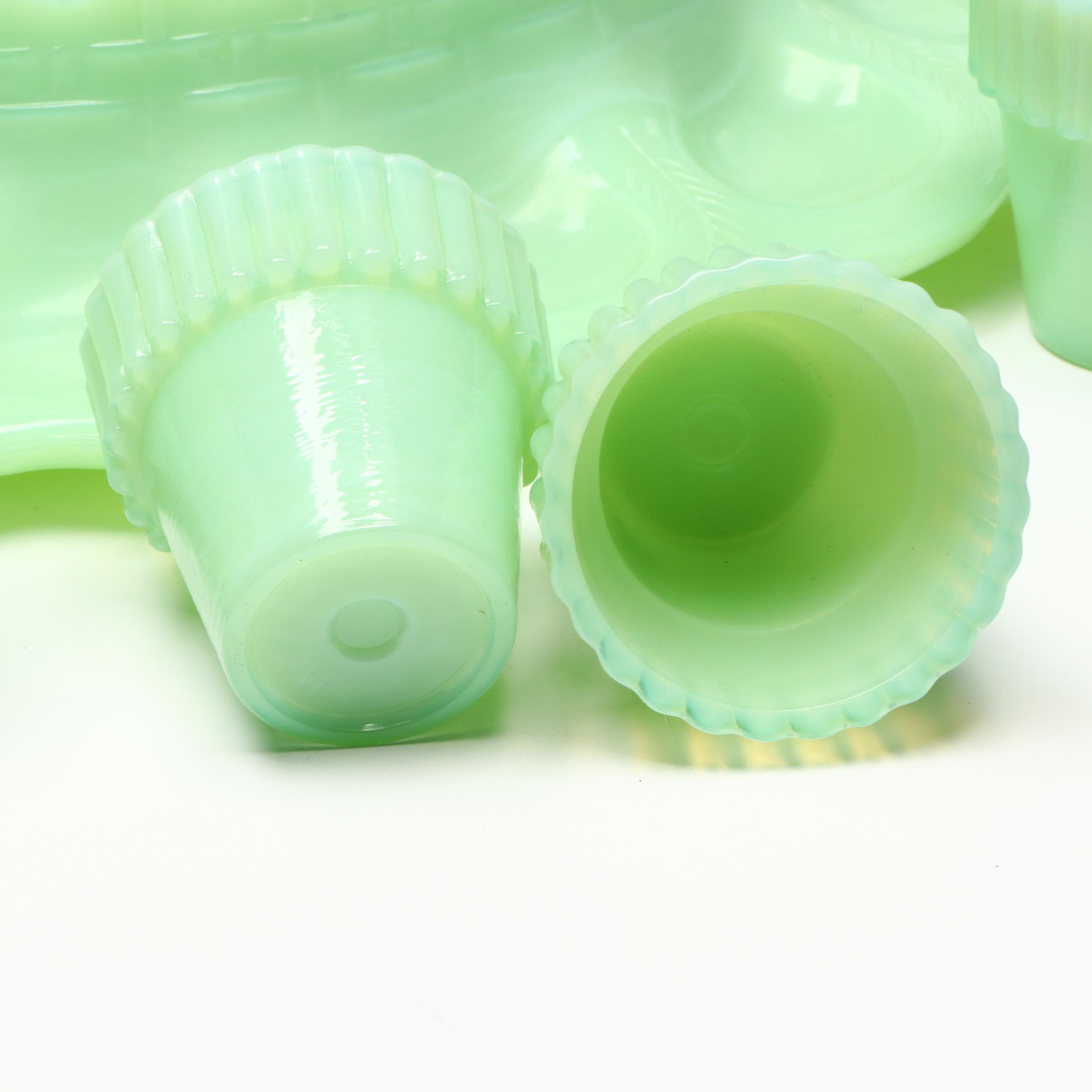 Fenton Jadeite Hen Deviled Egg Plate with Depression Glass Plates and More