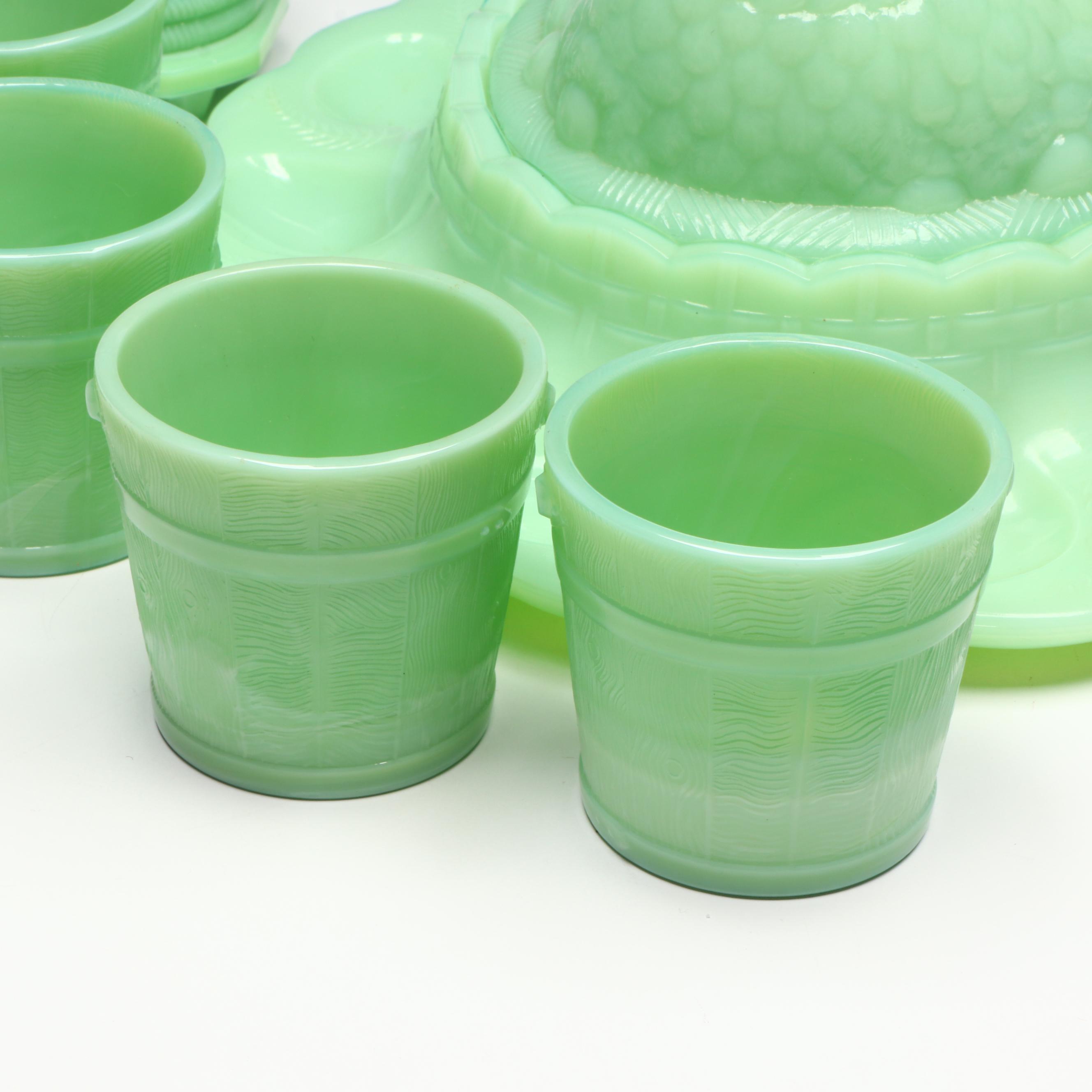 Fenton Jadeite Hen Deviled Egg Plate with Depression Glass Plates and More