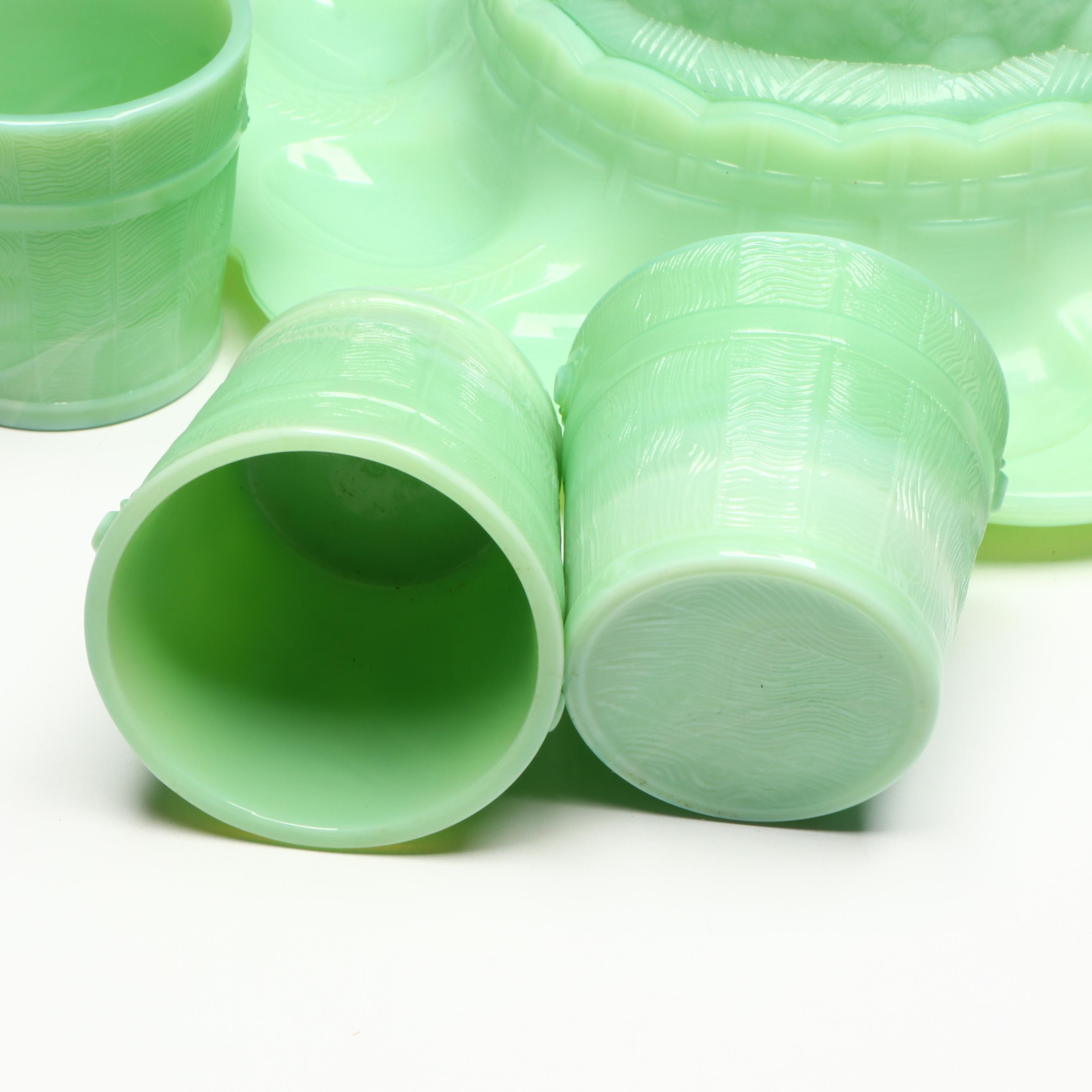 Fenton Jadeite Hen Deviled Egg Plate with Depression Glass Plates and More