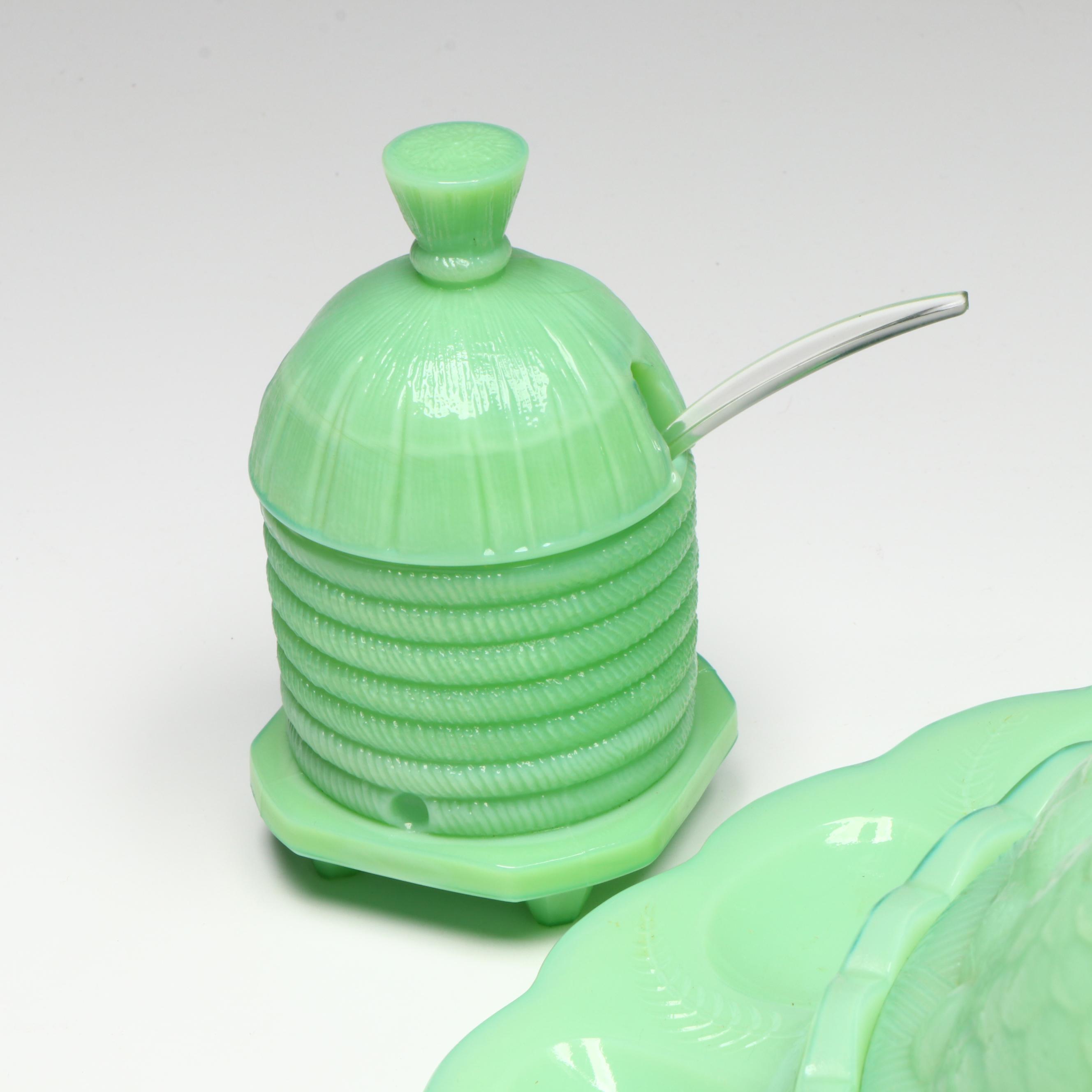 Fenton Jadeite Hen Deviled Egg Plate with Depression Glass Plates and More