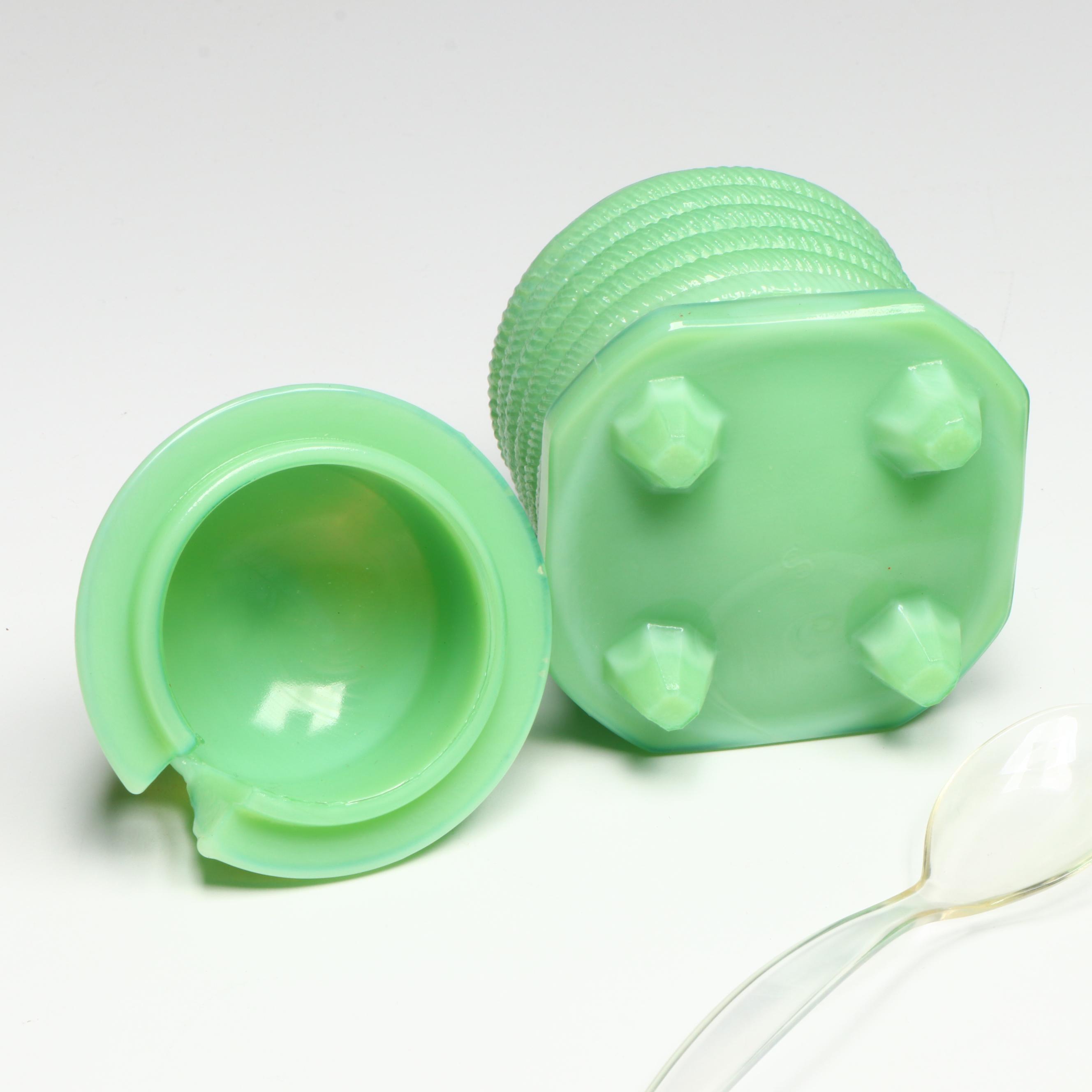 Fenton Jadeite Hen Deviled Egg Plate with Depression Glass Plates and More