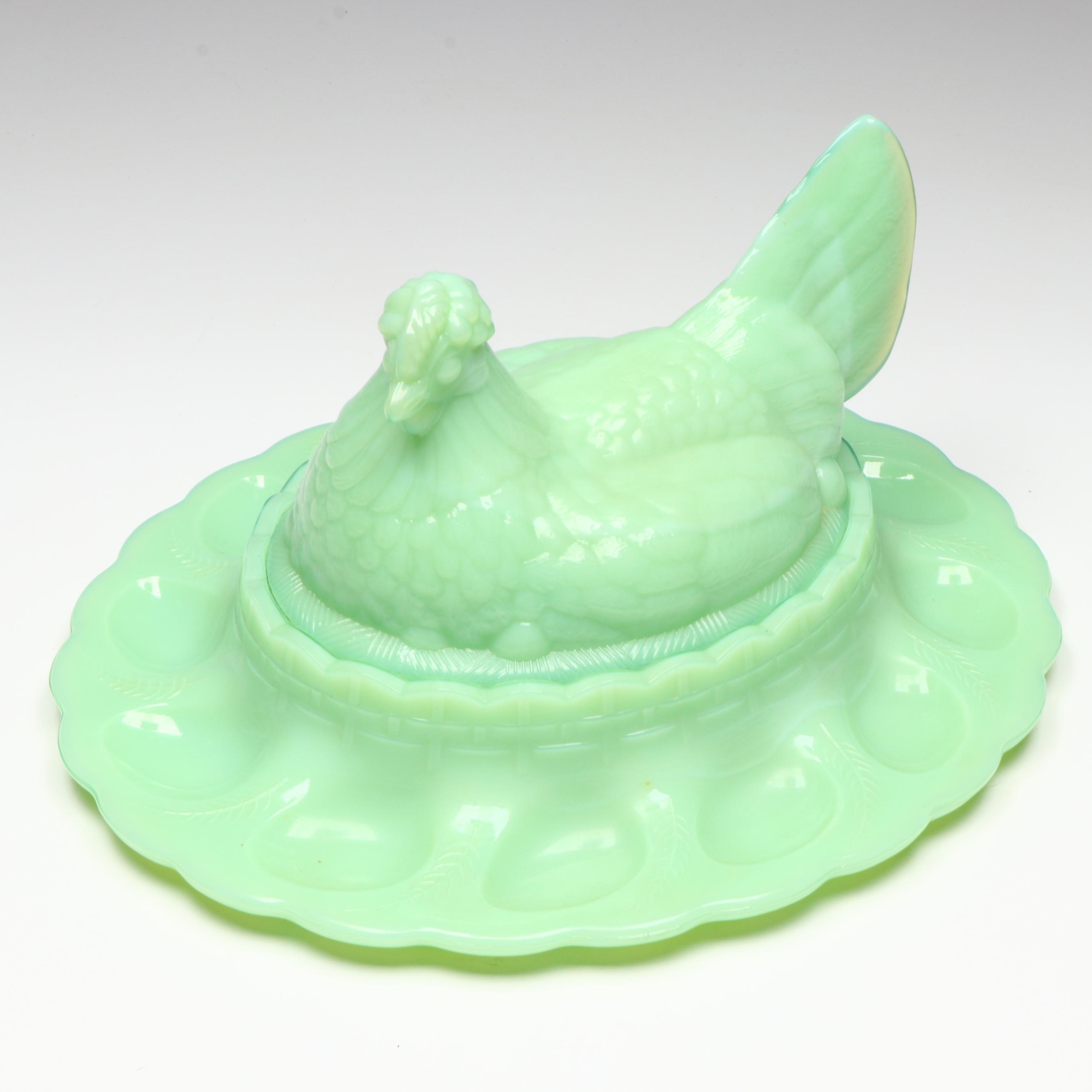 Fenton Jadeite Hen Deviled Egg Plate with Depression Glass Plates and More