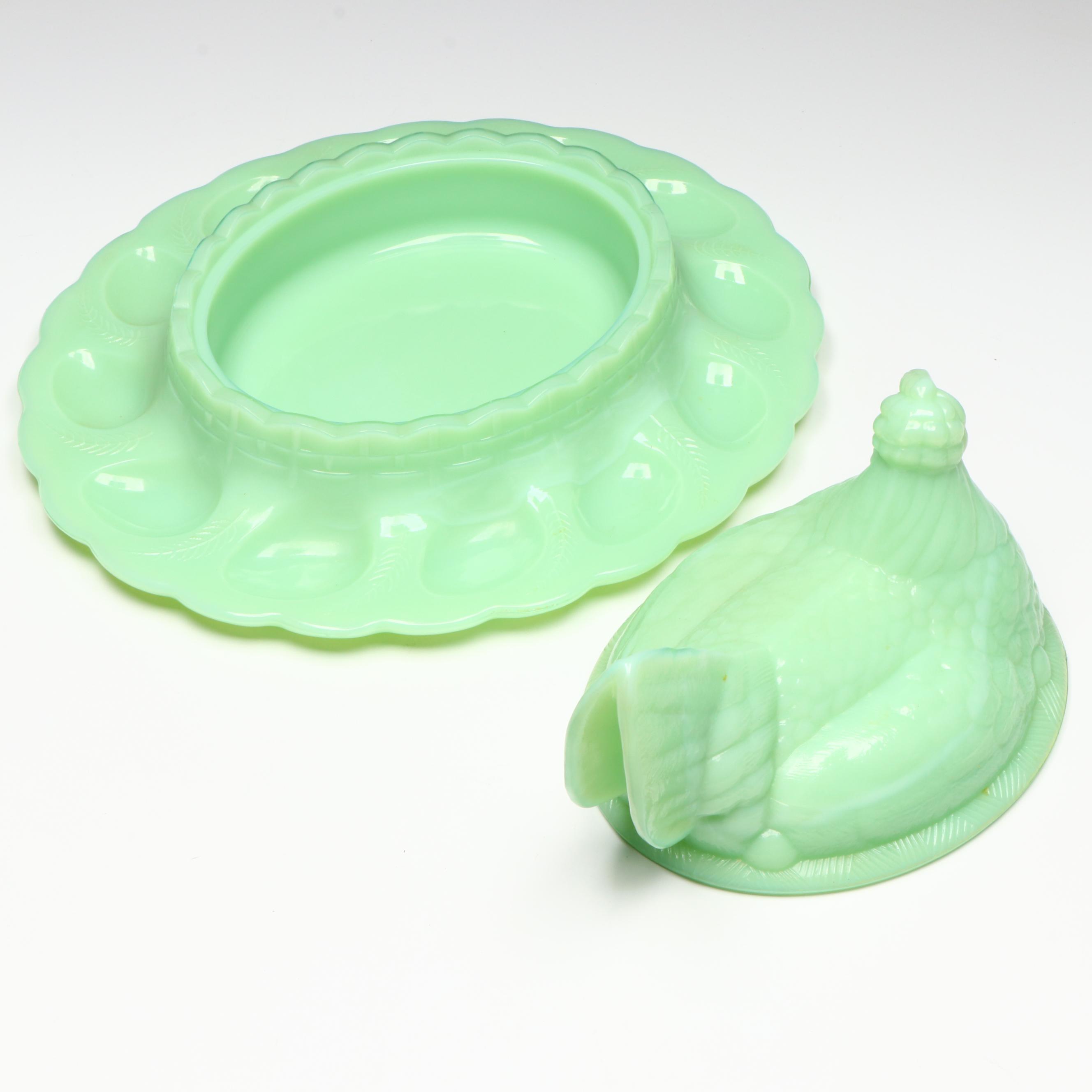 Fenton Jadeite Hen Deviled Egg Plate with Depression Glass Plates and More