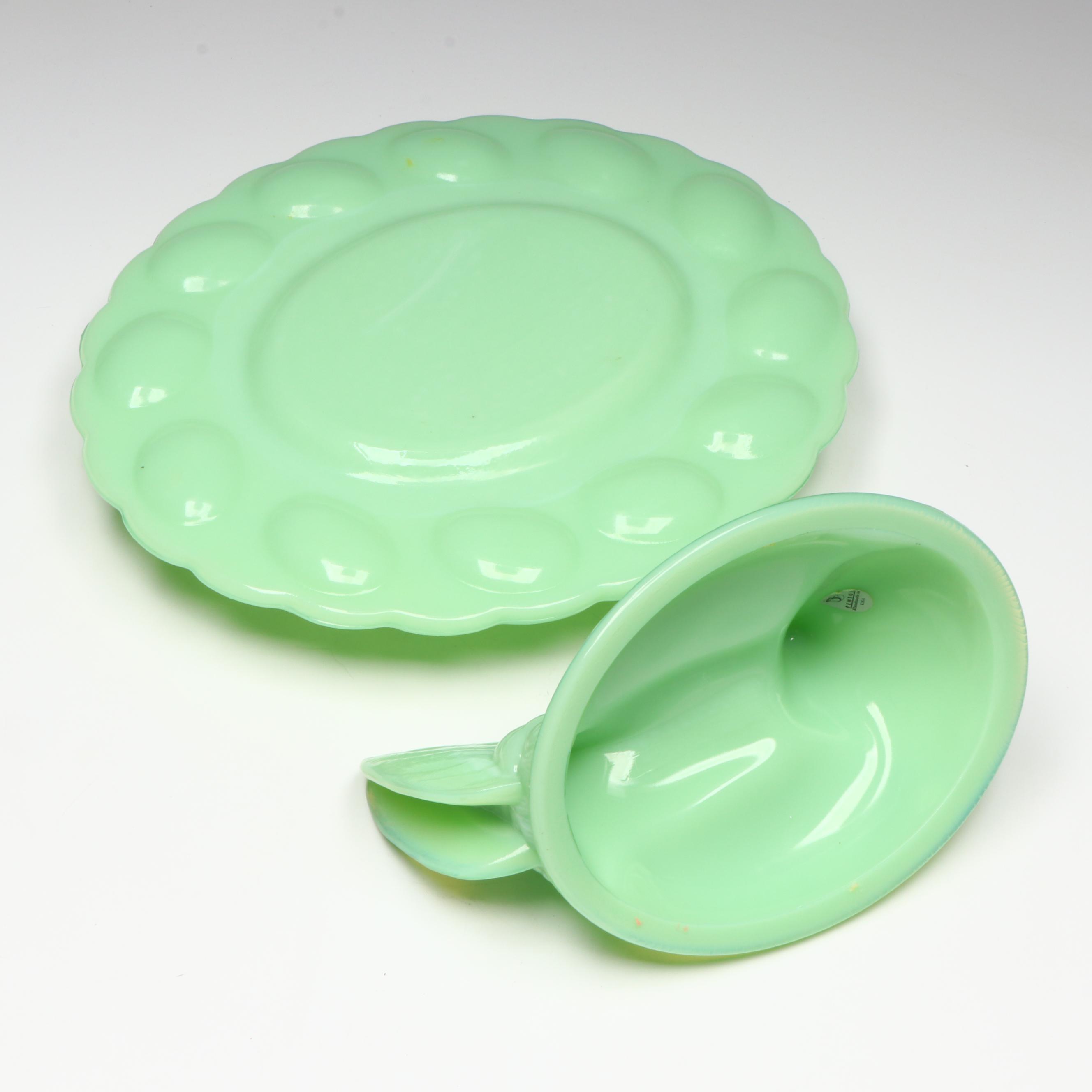 Fenton Jadeite Hen Deviled Egg Plate with Depression Glass Plates and More